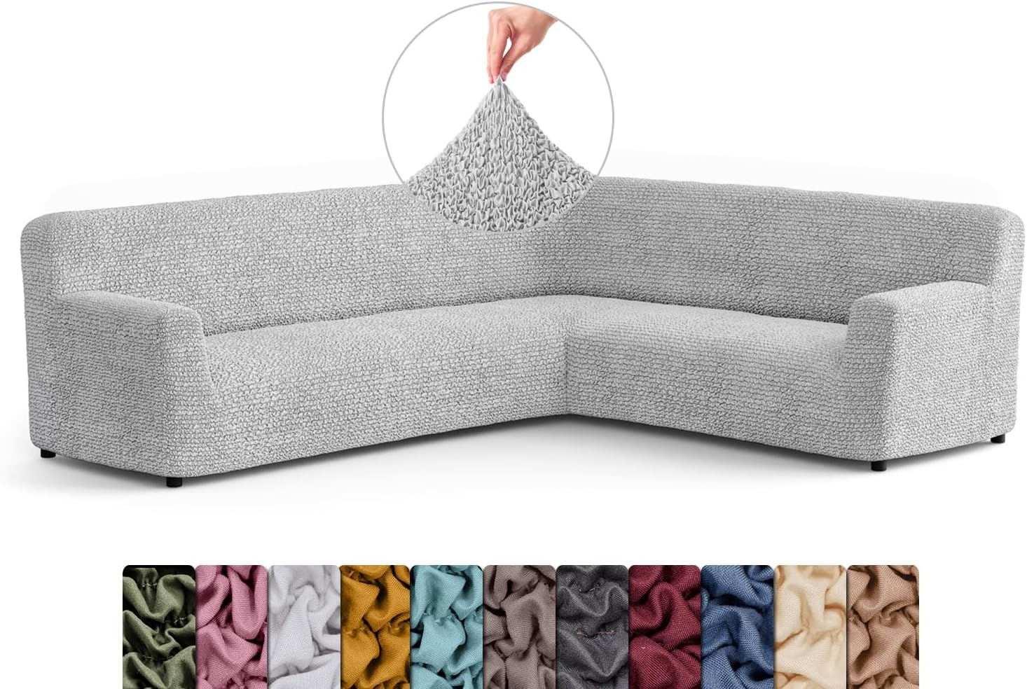Menotti Corner Sofa Cover - Corner Couch Cover - Pet Protector - Soft Polyester Fabric Slipcovers - 1-piece Form Fit Stretch Sectional Sofa Slipcover Furniture Protector - Microfibre - Pearl (Corner)