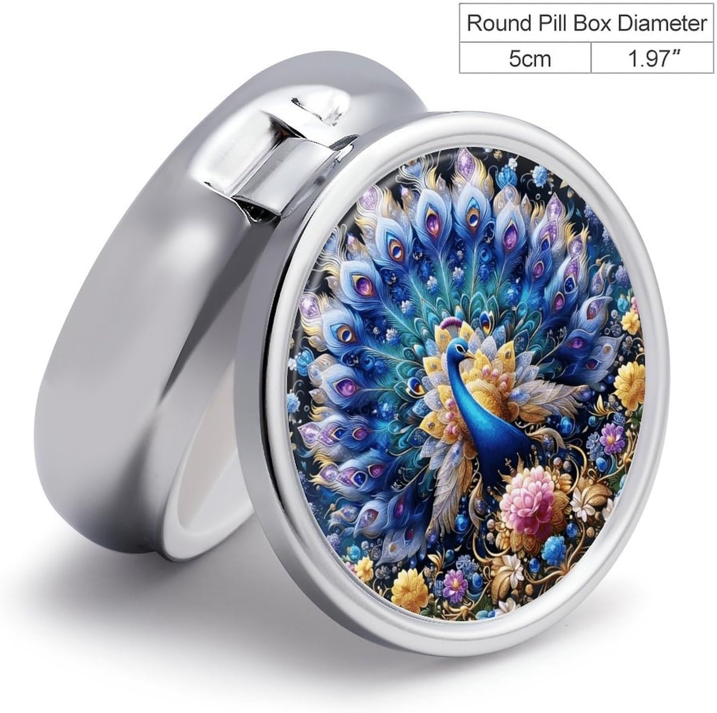 Colorful Peacocks 3 Compartments Pill Box with Mirror for Pocket image 2
