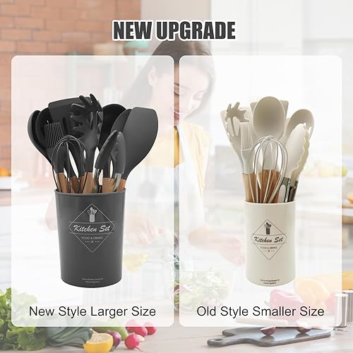 Miniatura 6 de Ismosm Juego de 12 utensilios de cocina de silicona con asas de madera maciza y un cubo de soporte (gris oscuro)
