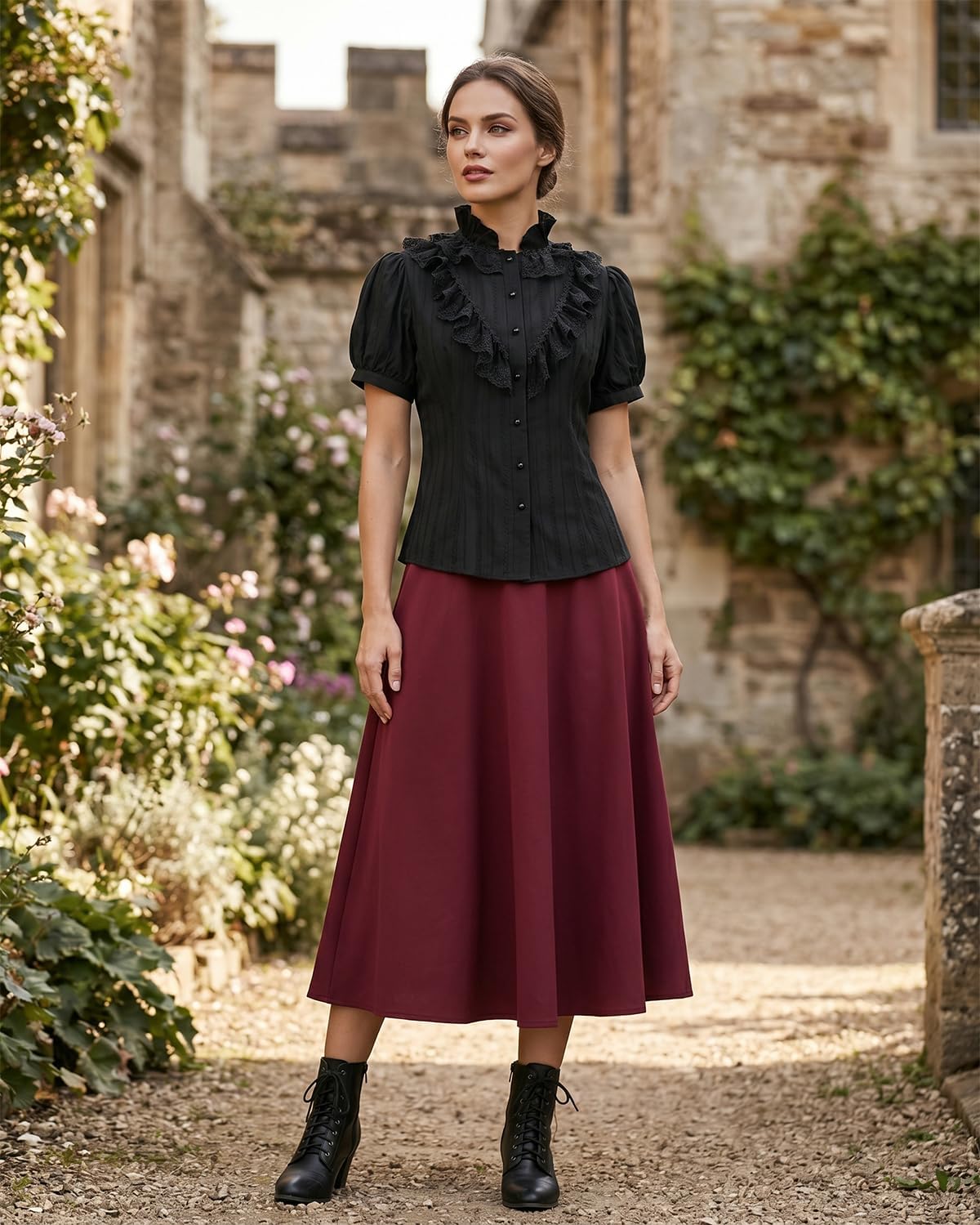 LTAKK Victorian Blouse for Women Edwardian Ruffle Shirt Gothic Steampunk Button Down Tops Short Sleeves