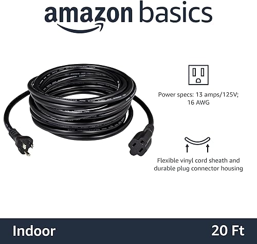 Miniatura 2 de Tienda Basics Cable de extensión, 13 amperios, 125 V, 20 pies, color negro, paquete de 2
