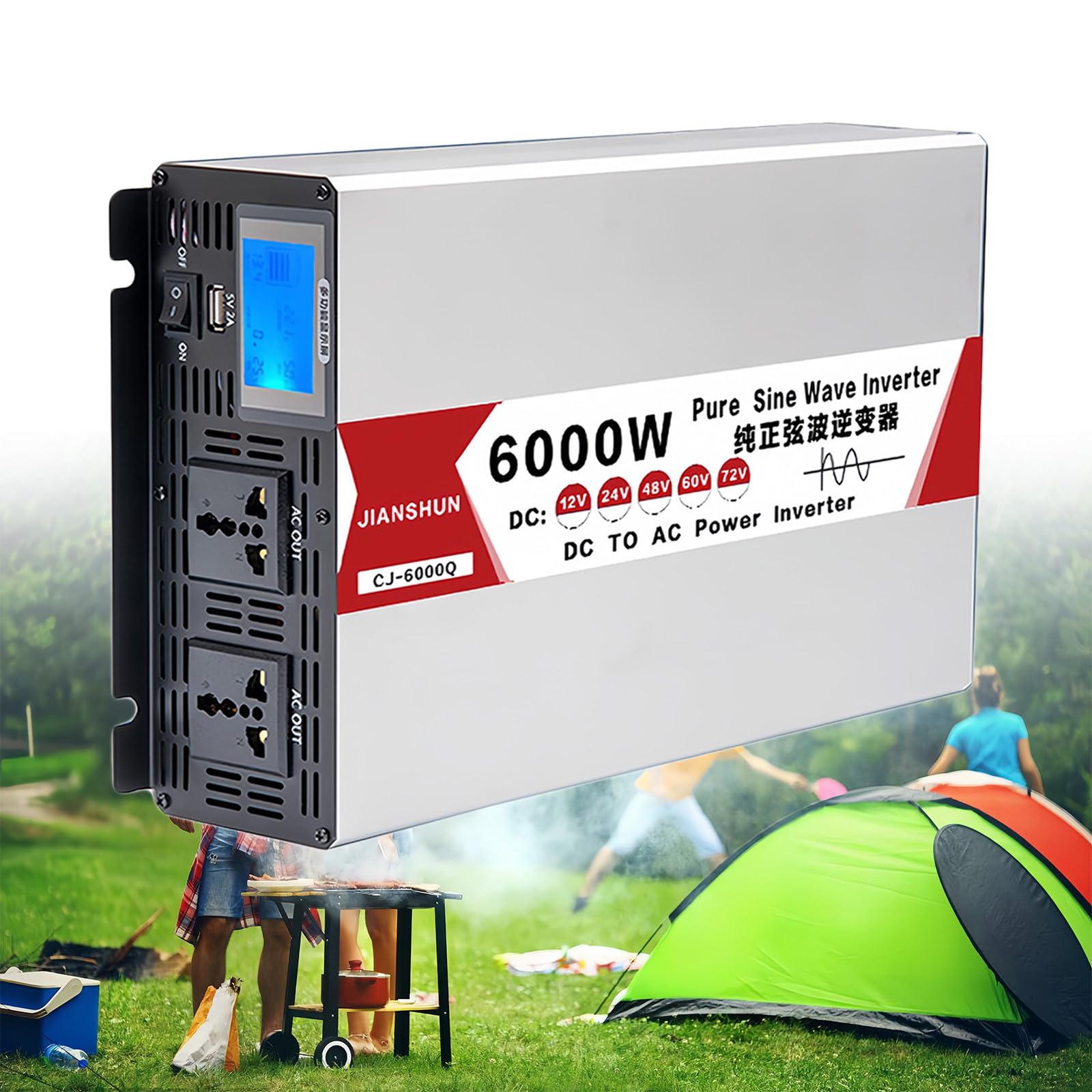 4000W 5000W 6000W 8000W Pure Sine Wave Inverter, 12V 24V 48V 60V to 120V 230V Vehicle Power Converter Car Adapter Continuous Input, with USB Ports, Off-Grid Solar Power Inverter,6000W-60V