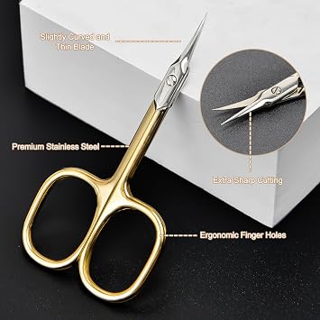 CGBE Cuticle Scissors with Curved Tip, Stainless Steel Cuticle Scissors Extra Fine, Super Sharp Small Pointed Beauty Cuticle Cutter for Trimming Cuticles, Eyebrows, Eyelashes and Dry Skin, Glod