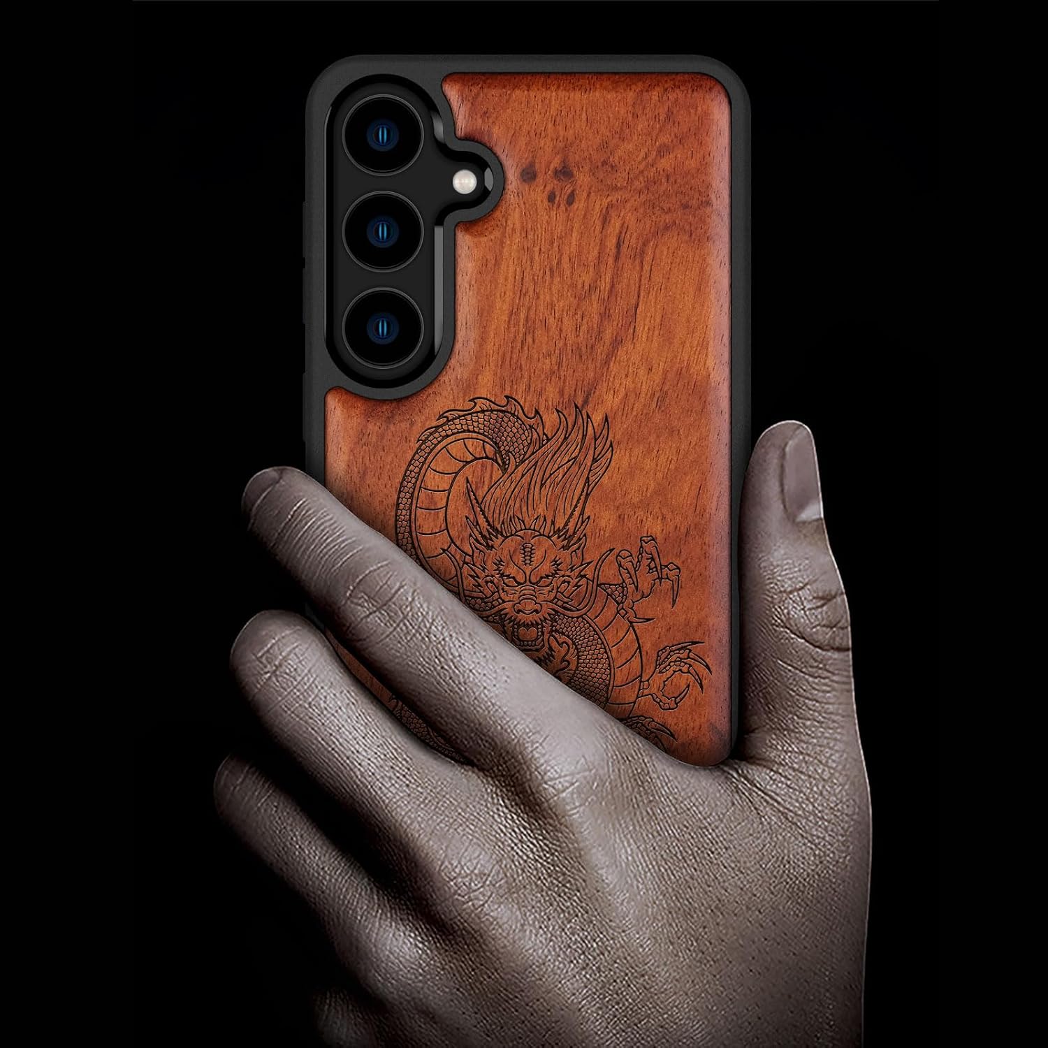 Carveit Wood Case for Galaxy S24 Plus Case [Natural Wood & Black Soft TPU] Shockproof Protective Cover Unique Wooden Design Compatible with S24 Plus (Oriental Dragon-Rosy)