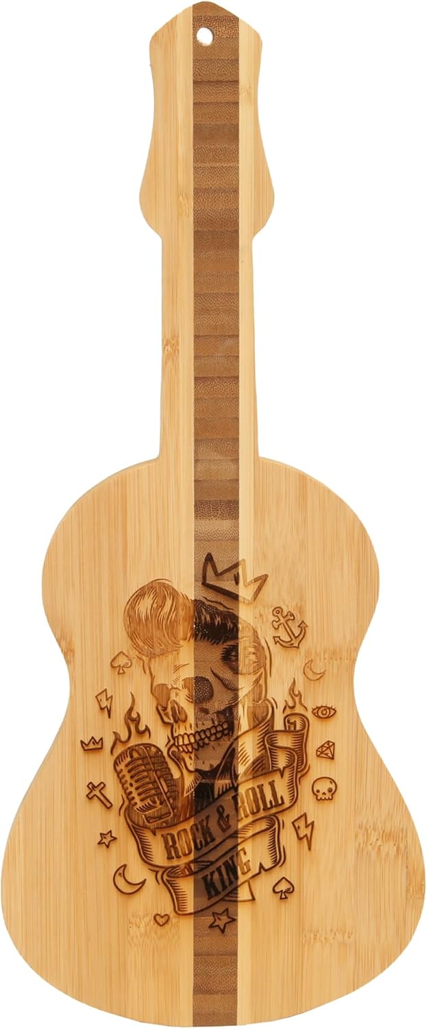 Guitar Shaped Bamboo 7” x 17” Serving and Cutting Board – Music Inspired Kitchenware: Perfect for Serving Appetizers, Cheeses, Charcuterie and More (ROCK AND ROLL)