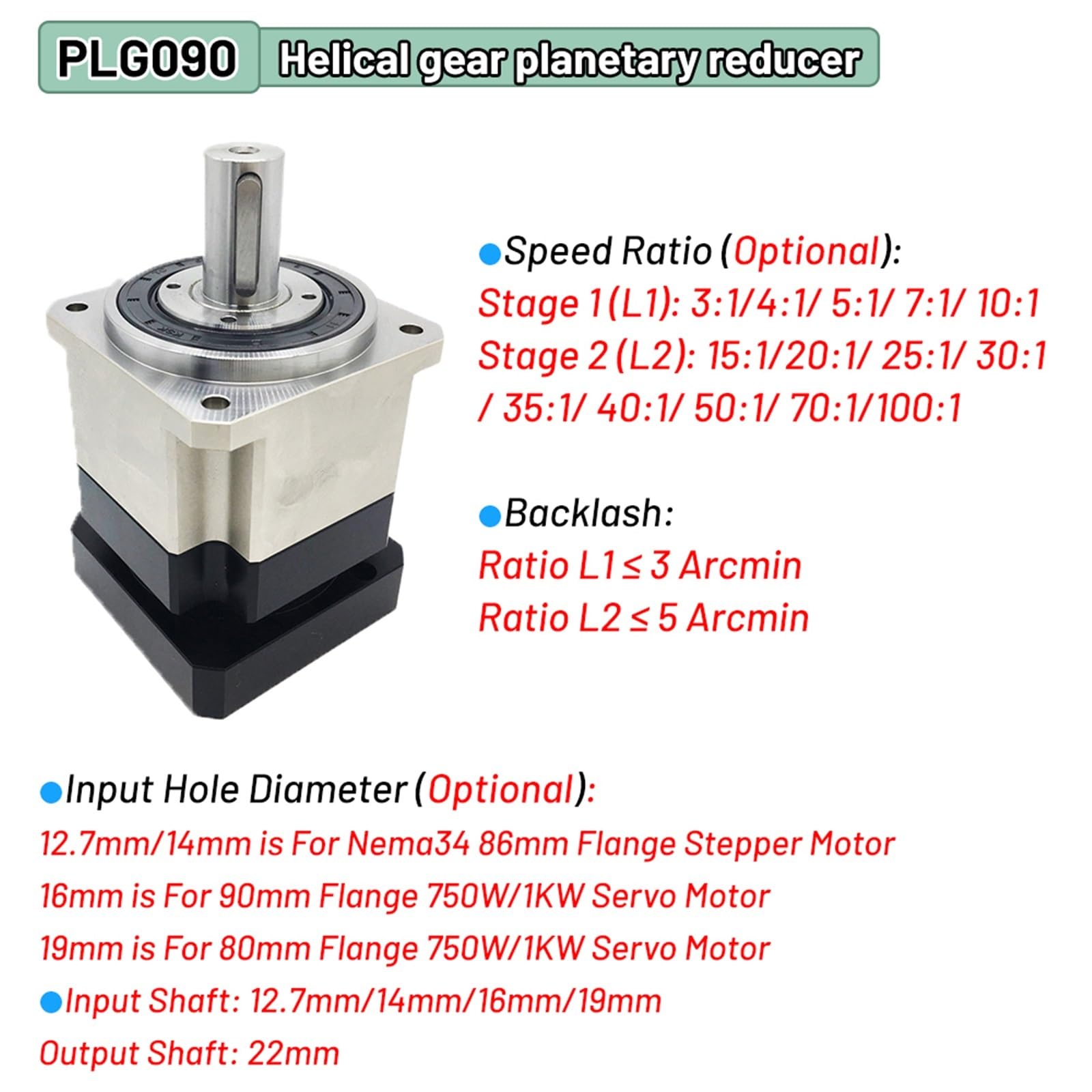 1 stücke NemaMotor Minderer Planetengetriebe Stirnradgetriebe Step-Down-Getriebe 750W 1KW 80/90 Servomotor Geschwindigkeitsreduzierung(Ratio 70 to 1,PLG090-12.7mm Input)