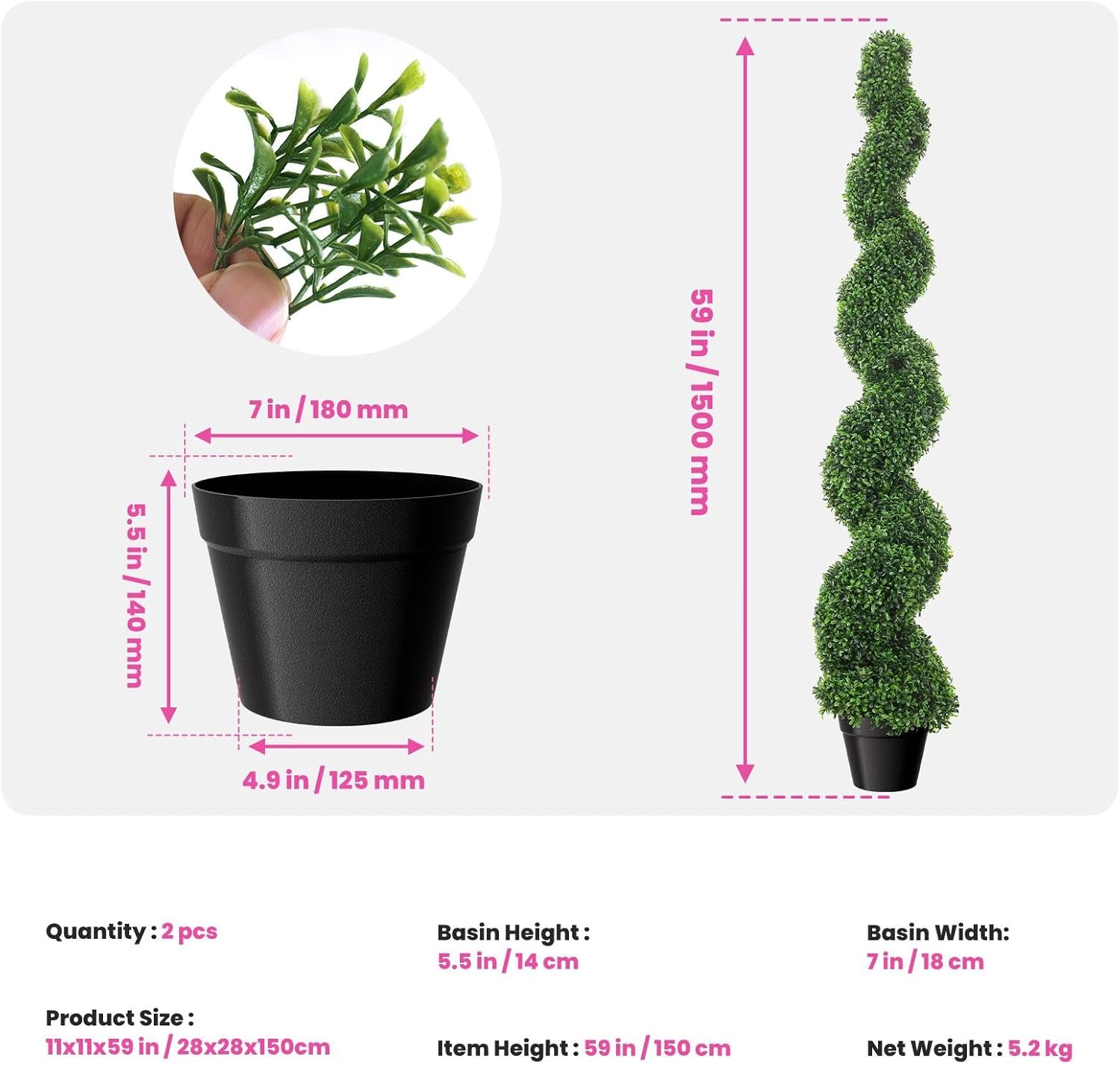 5ft Spiral Boxwood Topiary Trees Artificial Outdoor Set of 2, UV Resistant Faux Plants for Outdoor Planters, Faux Boxwoods for Front Porch Decor