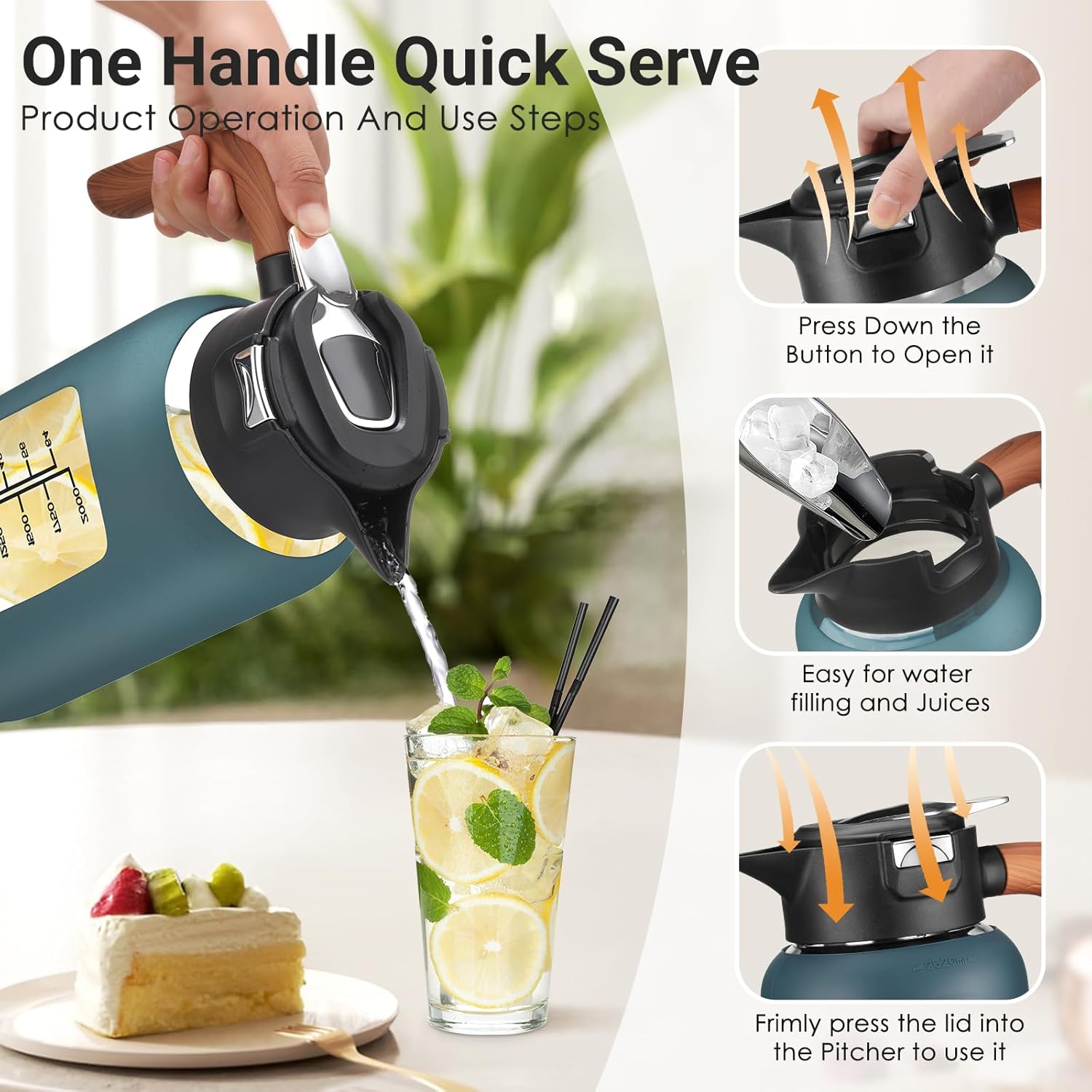 84oz Glass Pitcher with Lid and Handle Borosilicate Glass Water Jug/Carafe for Hot & Cold Beverages, 2.5Liter Large Pitcher with Silicone Sleeve & Wide Mouth, Fridge Safe for Iced Tea, Coffee, Juice