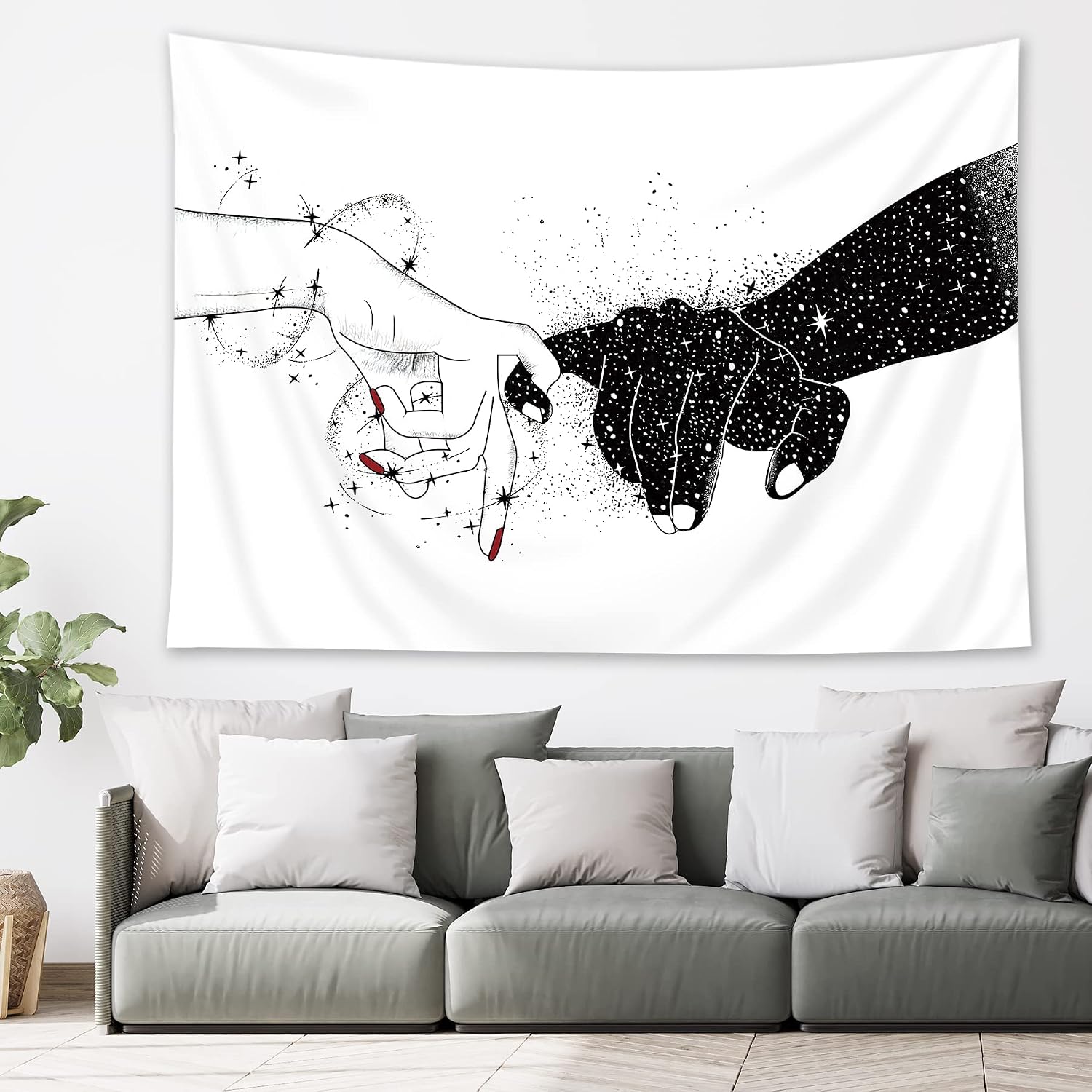 Riyidecor Black and White Love Hands Tapestry 59Lx78W Pinky Promise Swear Couple Planet Star Wall Abstract Romantic Line Art Hanging Bedroom Living Room Dorm Inches Wall Blankets Home Decor Fabric