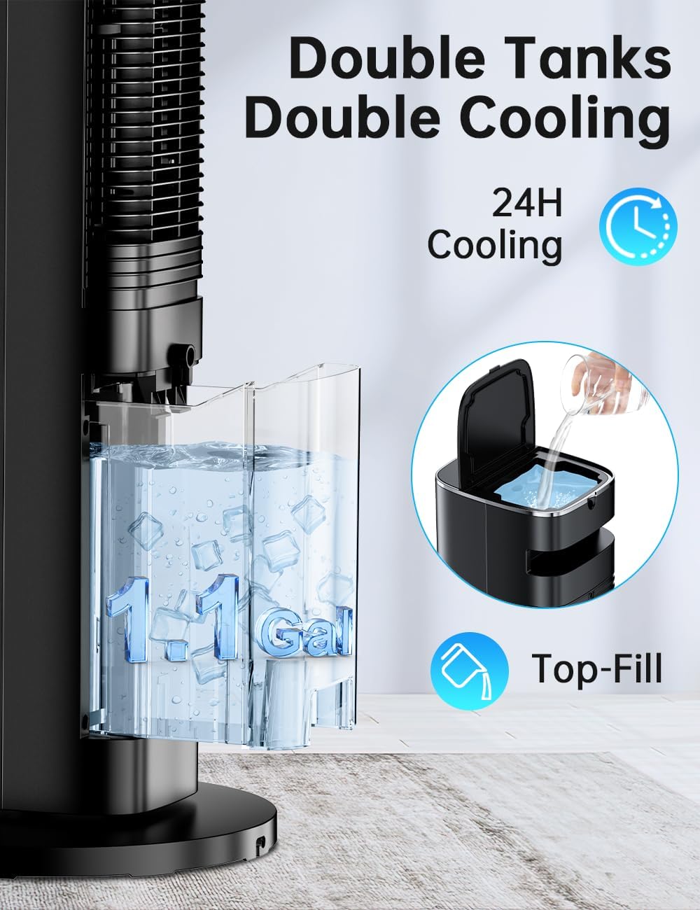 42 INCH Portable Air Conditioner w/4 Mode & 3 Speed, 15H Timer, Aroma & Memory Function Evaporative Air Cooler, 1.1-Gal Dual Tank, 6 Ice Packs Windowless Swamp Cooler Air Conditioners for Room