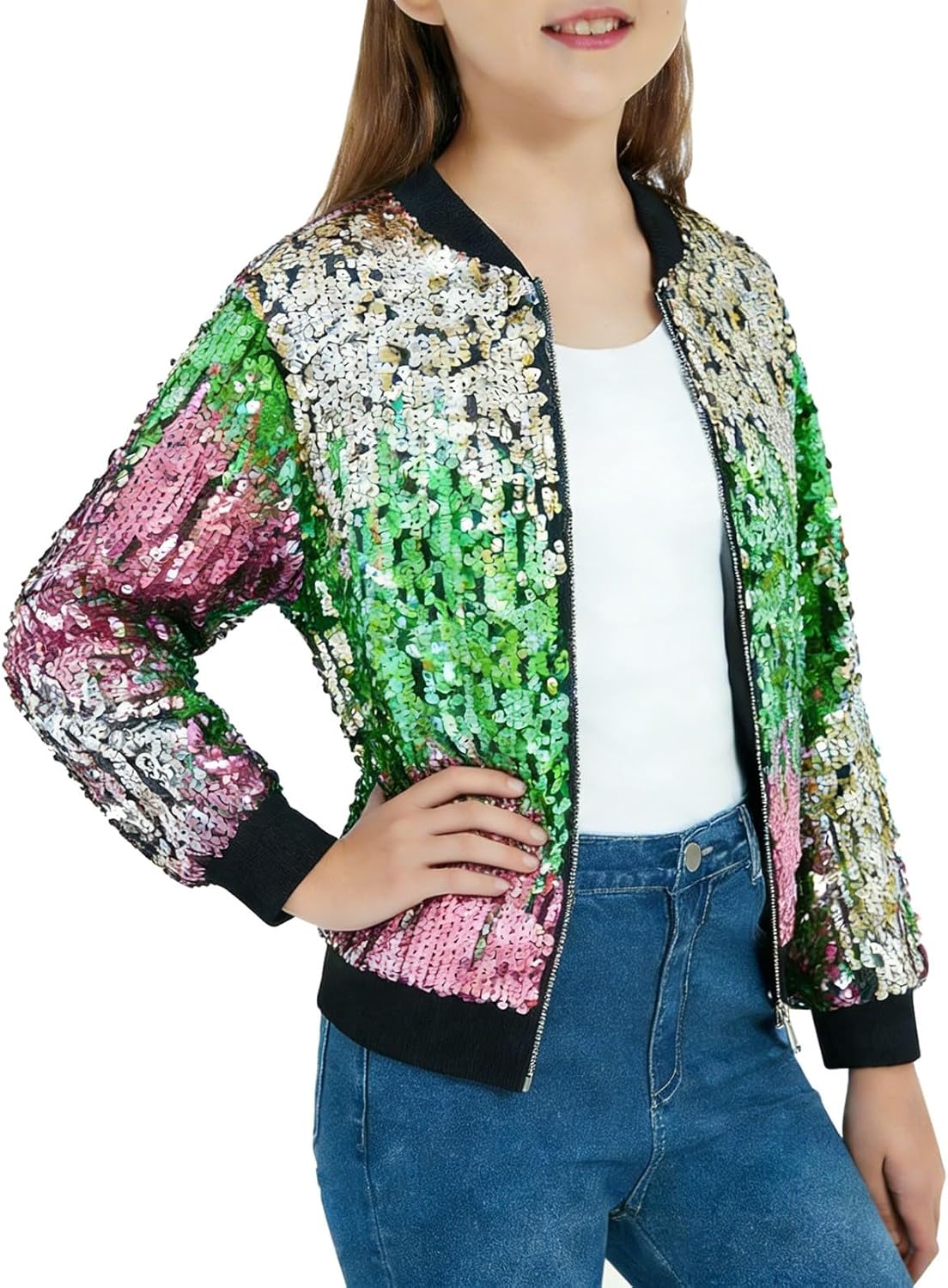 Girls Sequin Jackets Kids Trendy Stylish Jacket Zip Up Coat Sparkly Outwear Birthday Shiny Clothes Glitter Sweatshirt Tops