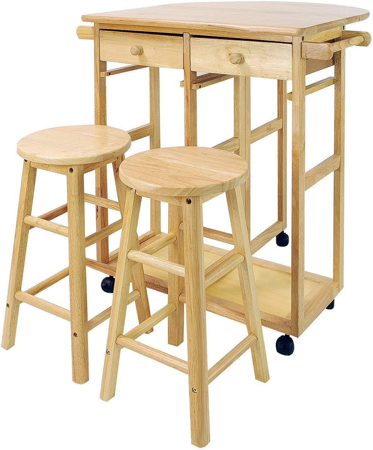 HomeStock Drop Leaf Breakfast Cart with Stools - Kitchen Serving Cart, Rolling Utility Cart, Compact Storage Solution