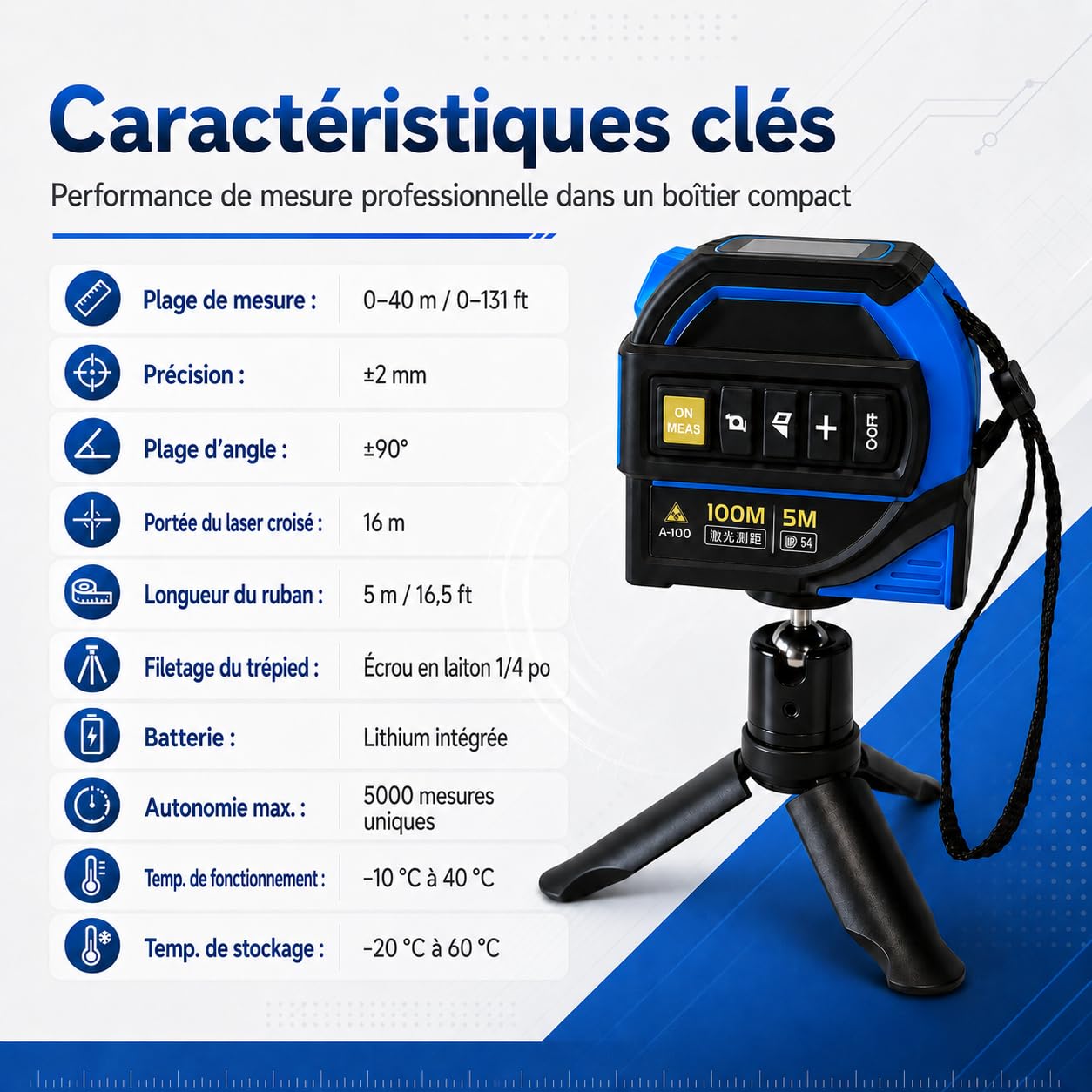 Télémètre Laser 40 m, mètre Laser 4 en 1 avec Ruban de Mesure de 5 m, Laser 40 m, réticule Laser 16 m et trépied pour mesures de Surface, théorème de Pythagore et nivellement