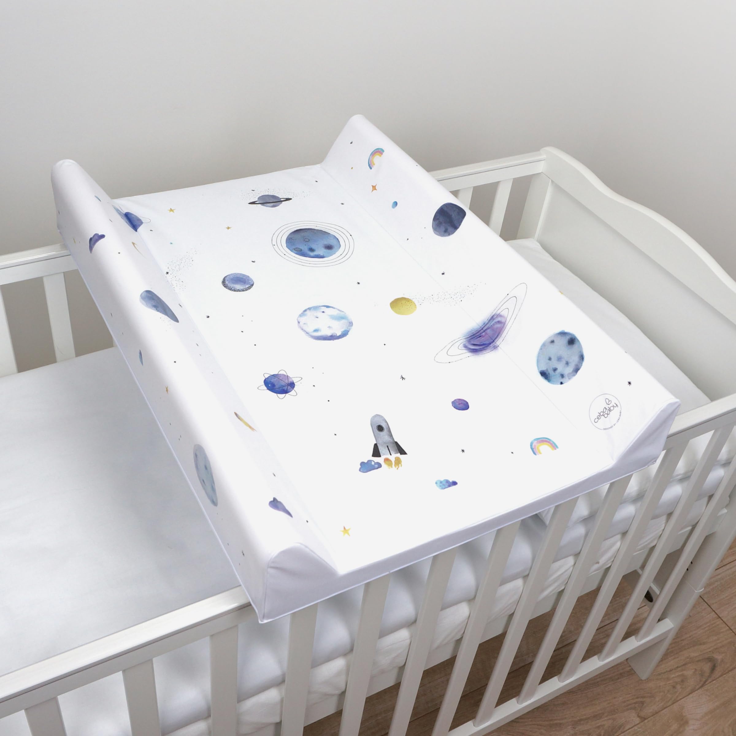 Baby Hard Base Changing Mat/Top Changer 80x50 cm fits 140x70 cm Cot Bed Unisex Wedge Anti Roll Nappy Newborn Baby Waterproof Changing Mat with Raised Edges (Universe) โ image 1
