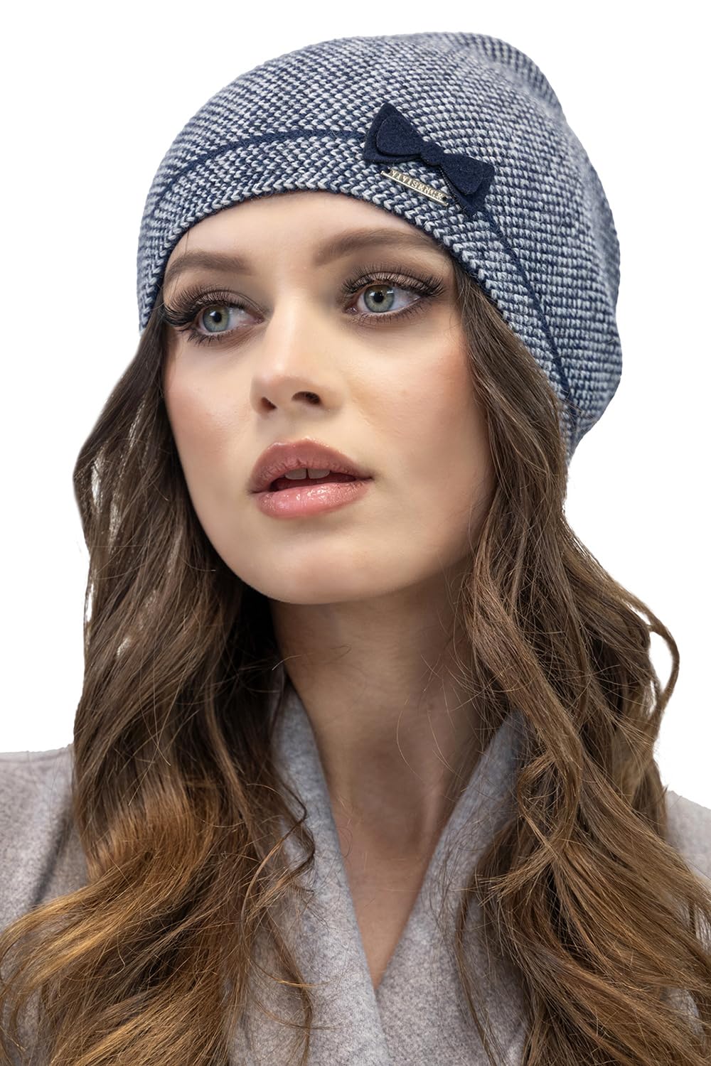 VIVISENCE Damen Mütze Winter Strickmütze Warme Wintermütze Mit Wollzusatz, Universelle Größe, Elegante Mütze Mit Fischgrätenmuster Perfekte Passform Und Komfort Herbst Modell 7003