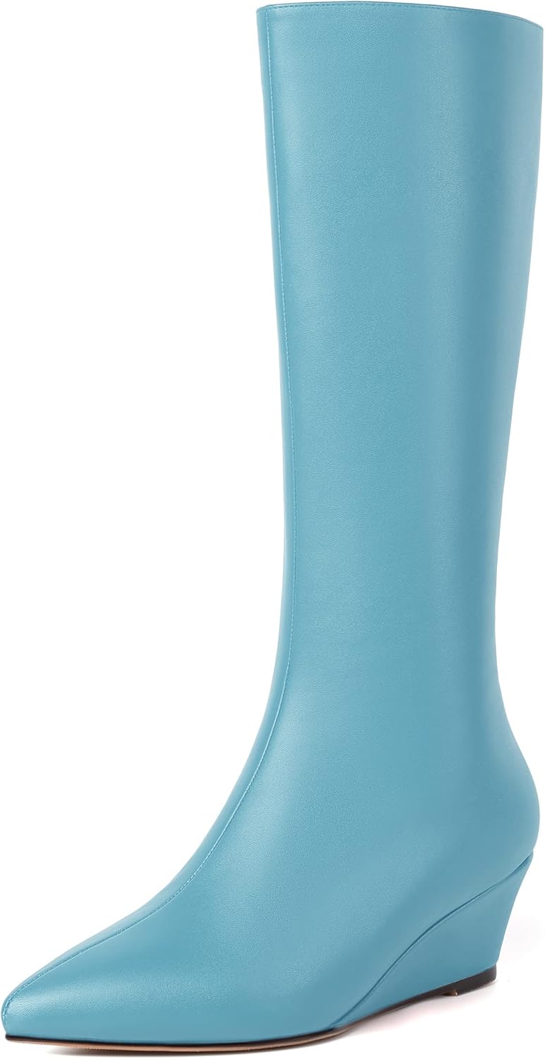 NUMALEO Womens Pointed Toe Office Casual Zip Matte Solid Wedge Low Heel Mid Calf Boots 2 Inch