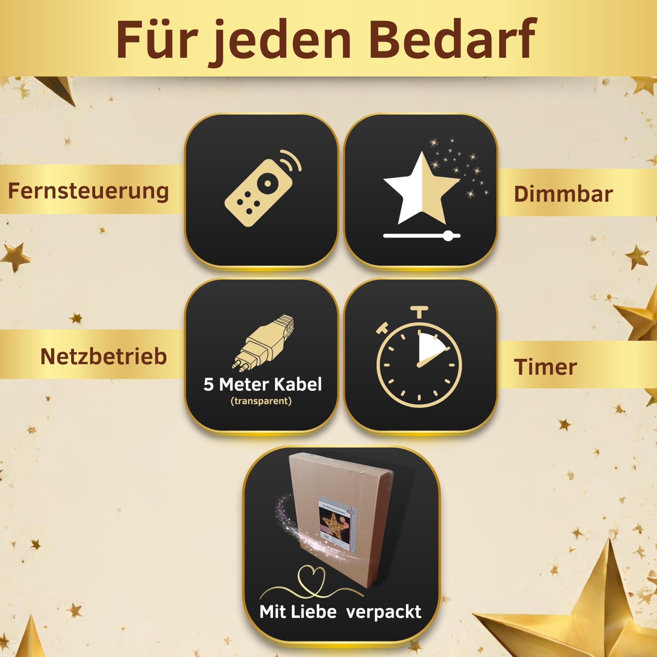 Strombetriebener LED Weihnachtsstern Gold mit Fernbedienung & Timer - dimmbar - Dekostern beleuchtet mit warmweißen LEDs für Innen und Außen Weihnachtsdeko Fensterdeko (160 LEDs - B57xH54xT8)