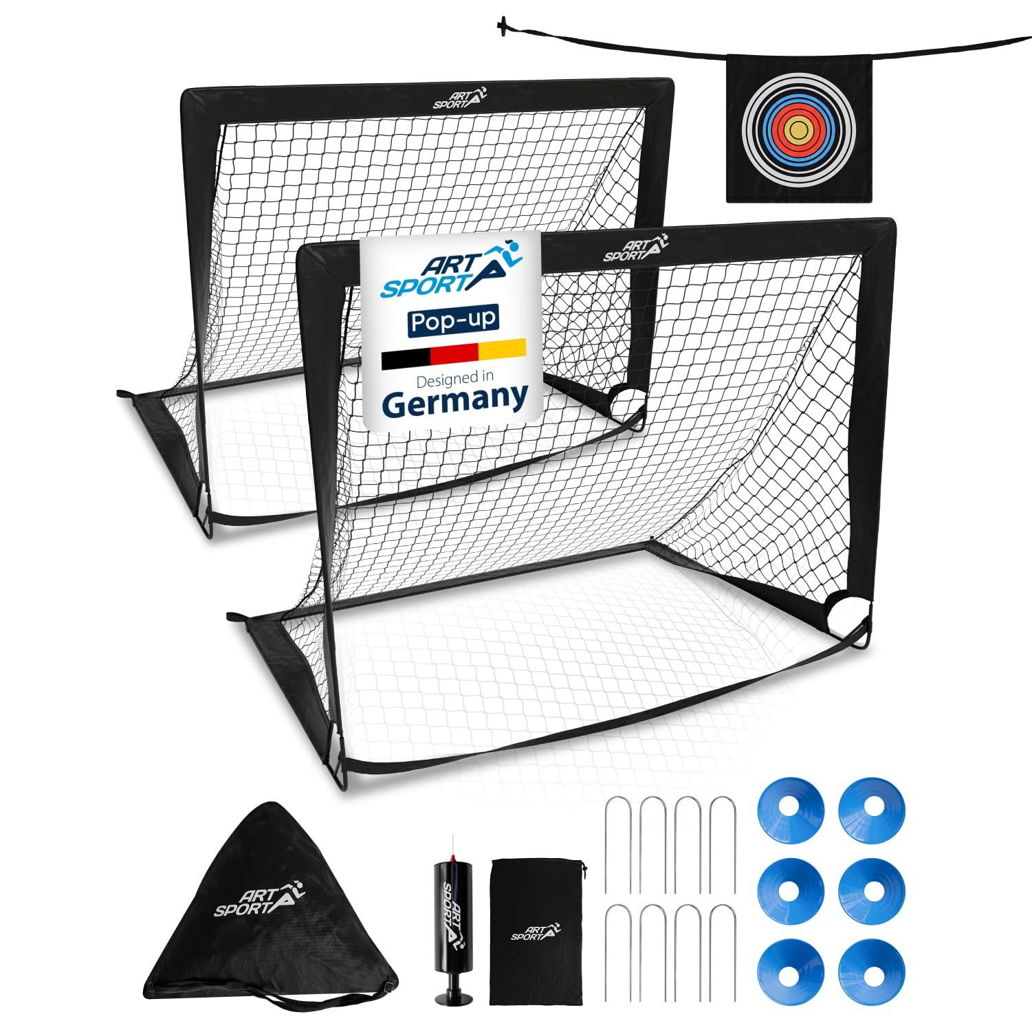 ArtSport Pop-up Fußballtor Goal Master - 2er Set mit Zubehör - faltbar & schnell spielbereit - 2 Fußballtore Indoor & Garten - Fußball Tor - Schwarz
