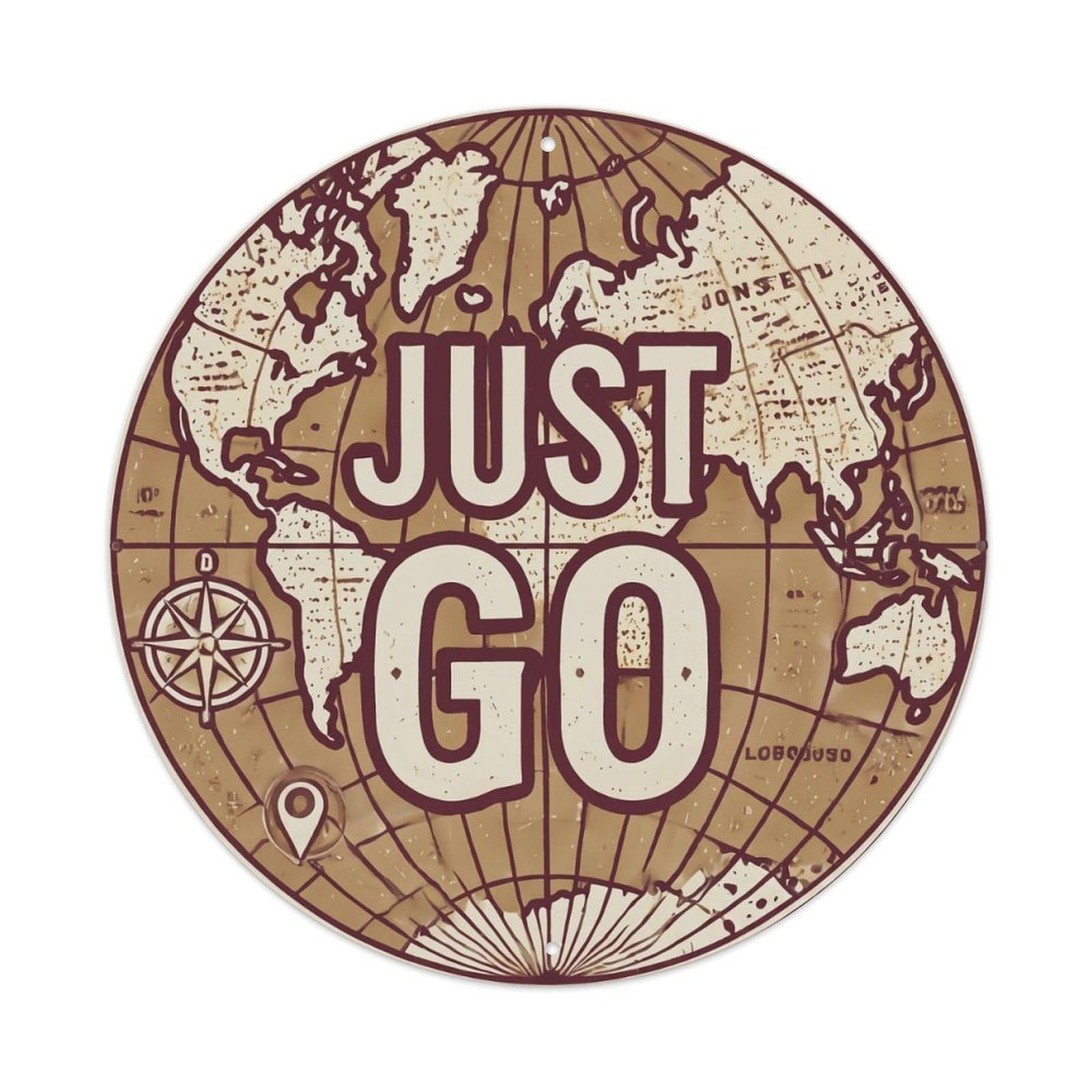 Vintage World Map with Compass Just Go Adventurer Metal Tin Sign