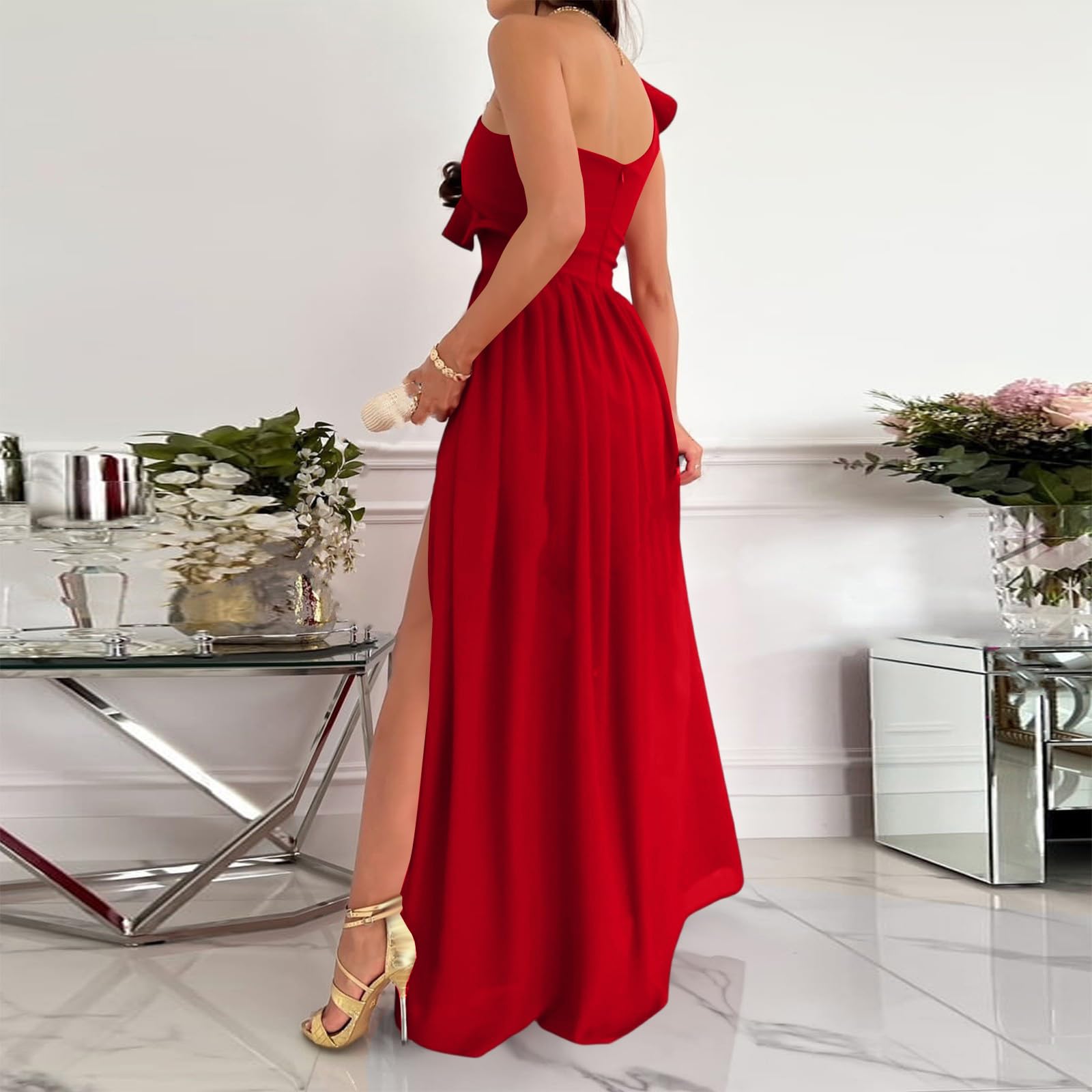 Generisch Abendkleider Elegant Für Hochzeit Ballkleider Damen Lang Hochzeitsgast Kleid mit Schlitz Curvy Festliche Kleider One Shoulder Maxi Brautjungfernkleider Ärmellos Rüschen Maxikleid