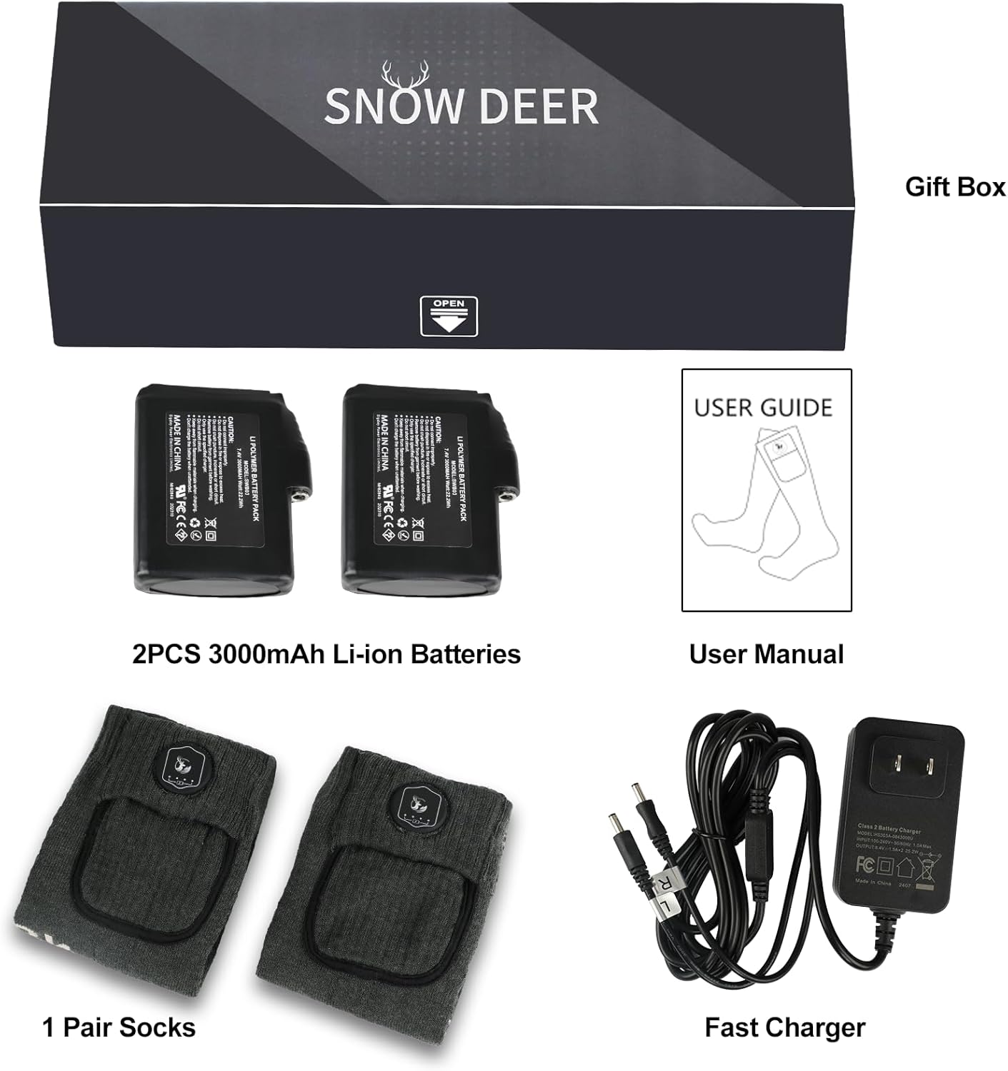 SNOW DEER Upgraded Fast Charging Green Electric Heated Socks,7.4V 3000mAh Battery Powered,Electric Socks Foot Warmer,Winter Hunting Outdoor Riding Camping Hiking Motorcycle Skiing Warm Winter Socks S