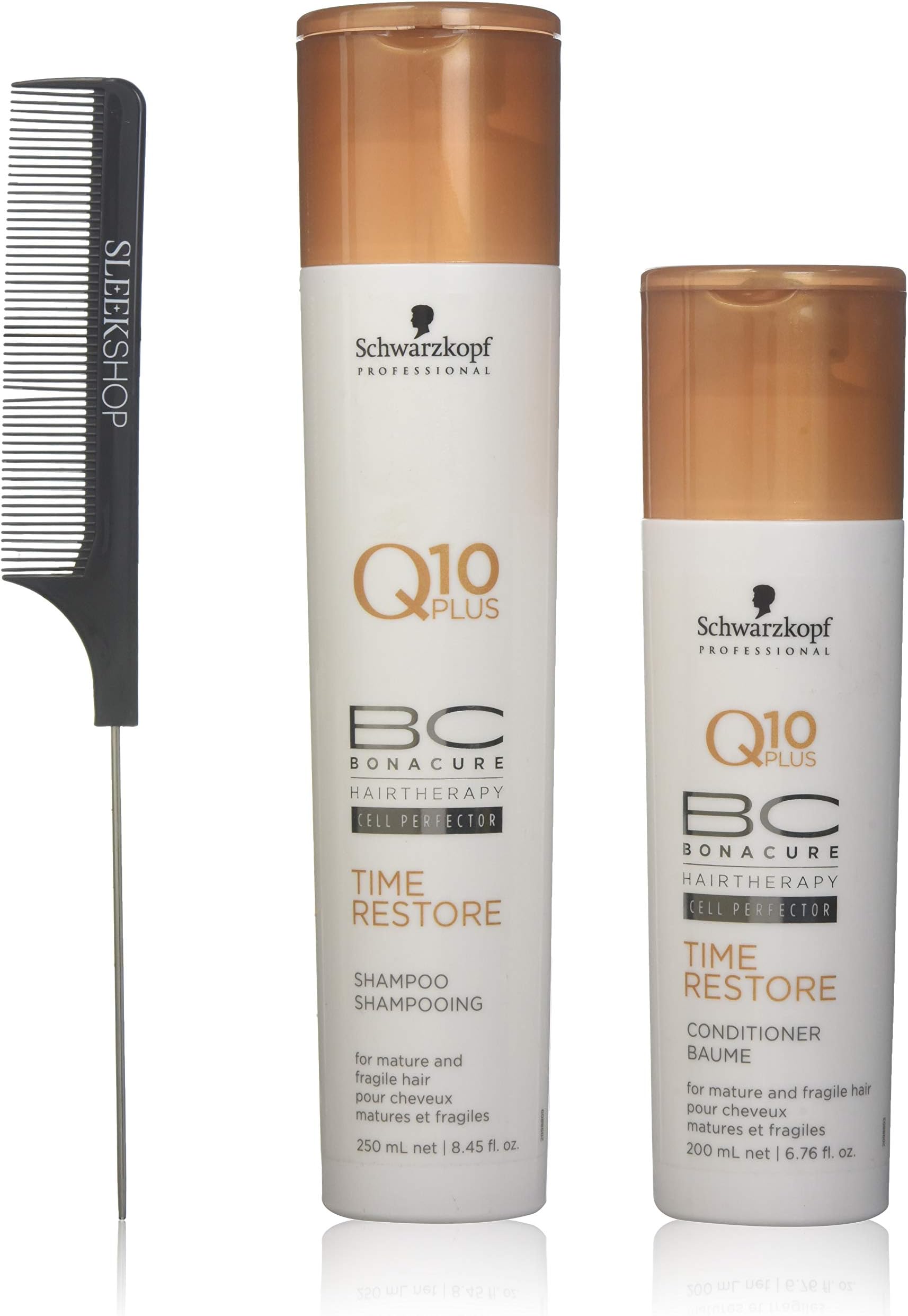 Schwarzkopf BC Bonacure Q10 Plus TIME RESTORE Shampoo & Conditioner for MATURE AND FRAGILE HAIR Duo SET (with Sleek Steel Pin Tail Comb) (8.5 oz/6.8 oz - DUO KIT)