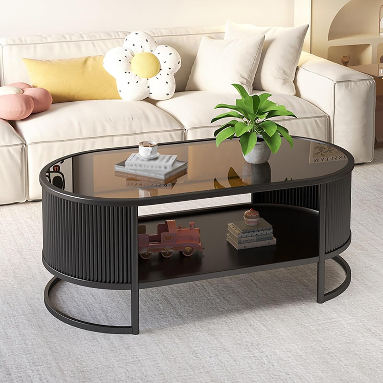 Coffee Tables for Living Room, Small Oval Coffee Table with Tempered Glass-Top, Mid Century Modern Coffee Table, Unique Accent Table, for Bedroom Office Balcony Yard(Brown)