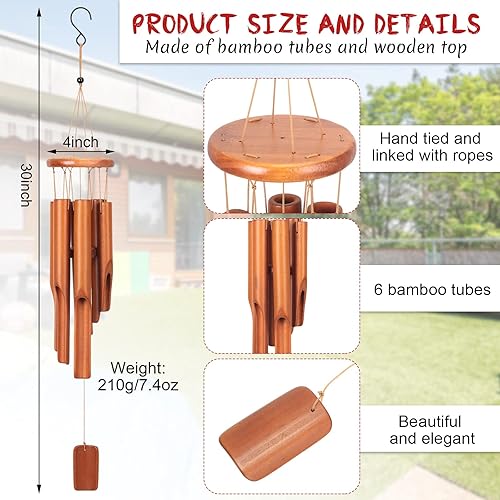 Miniatura 2 de Vinsot 2 carillones de viento de bambú para exteriores de 30 pulgadas, campanillas rústicas clásicas zen de madera de tono profundo con atrapador de