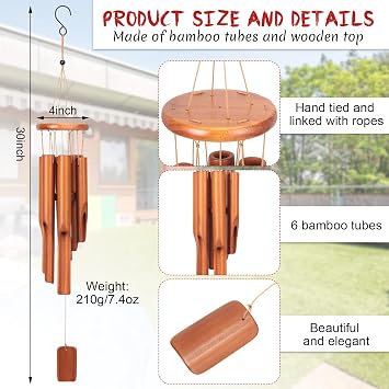 Vinsot 2 Pieces Bamboo Wind Chimes for Outside 30 Inches Wooden Classic Zen Rustic Chimes Deep Tone with Wind Catcher for Relaxation Patio Garden Indoor (Classic Bamboo)