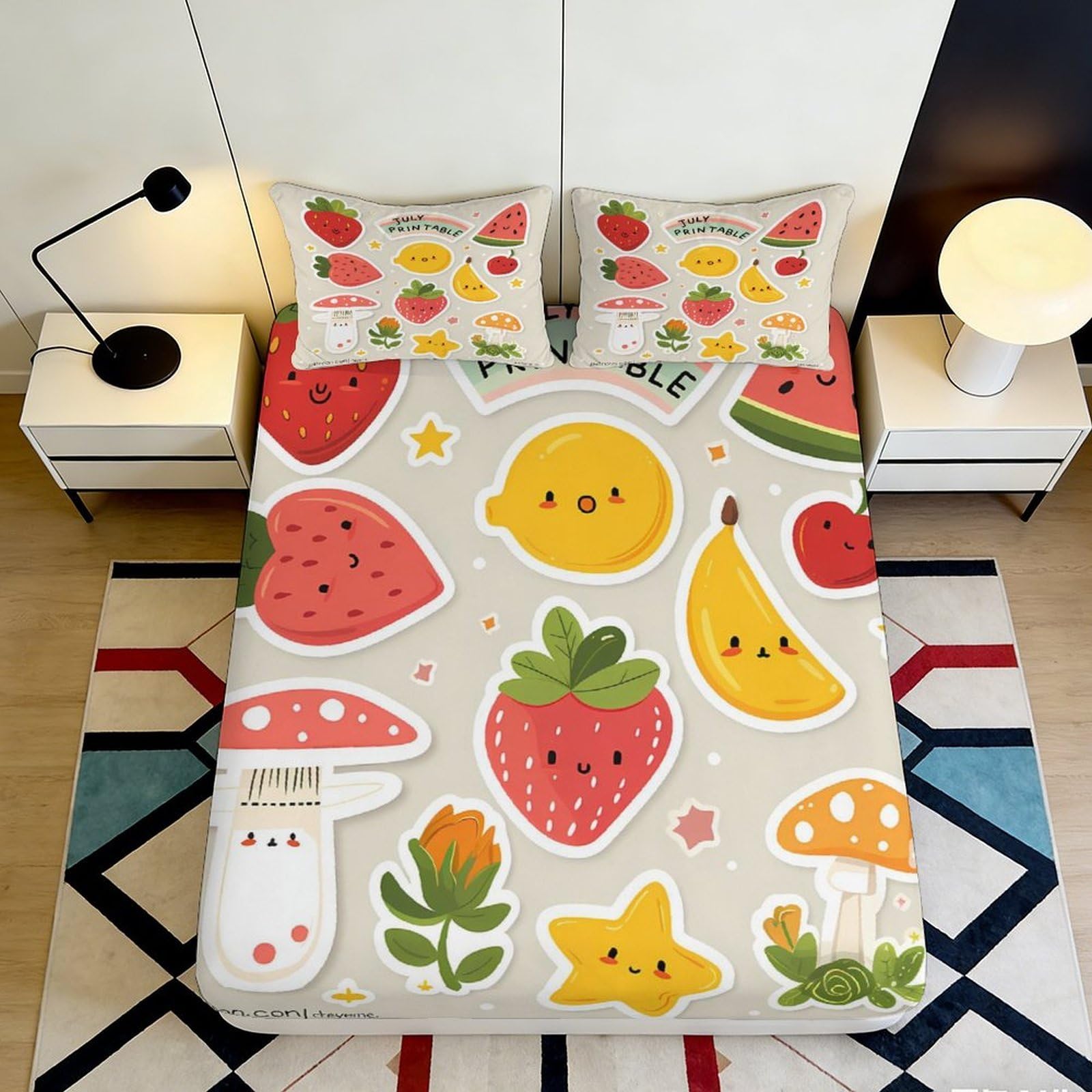 3D Printed Fruit Cartoon Fitted Sheet Microfiber Soft Watermelon Strawberry Bed Cover for Bedroom Dorm Mattress Decor 90x200x25cm