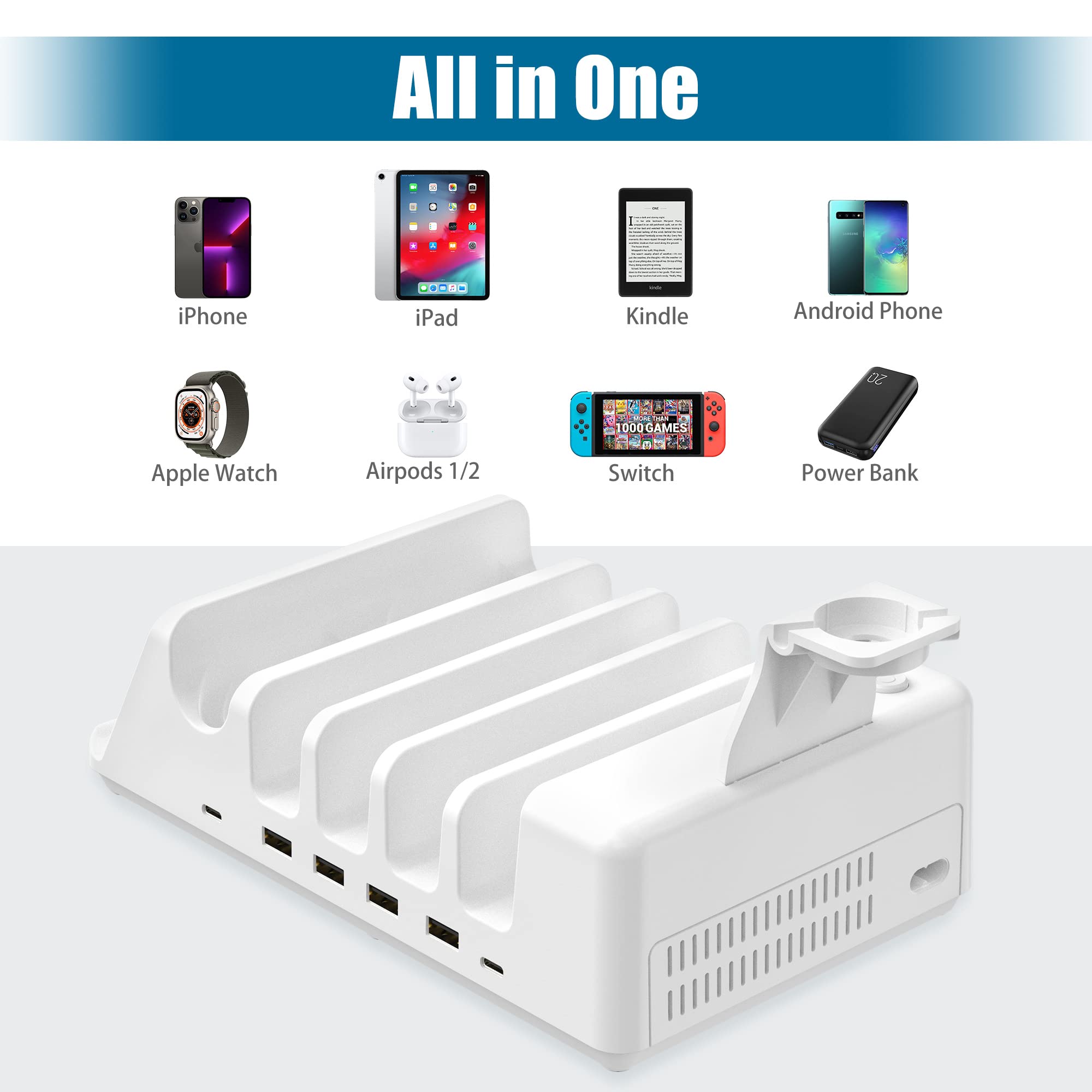 AGVEE Estación de carga multiUSB 7 en 1 de 140 W con múltiples cables, 3 bases de carga inalámbricas para iPad, teléfono, teléfono celular, tableta Android, múltiples dispositivos, color blanco