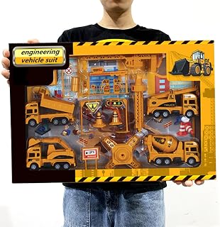 Construction Vehicles Playset - Cargo Transport Vehicles Site Playset, Crane, Excavator, Dump Truck, Cement, Educational Engineering Toy Set Birthday Gift for Old Boy Kid Toddler Child