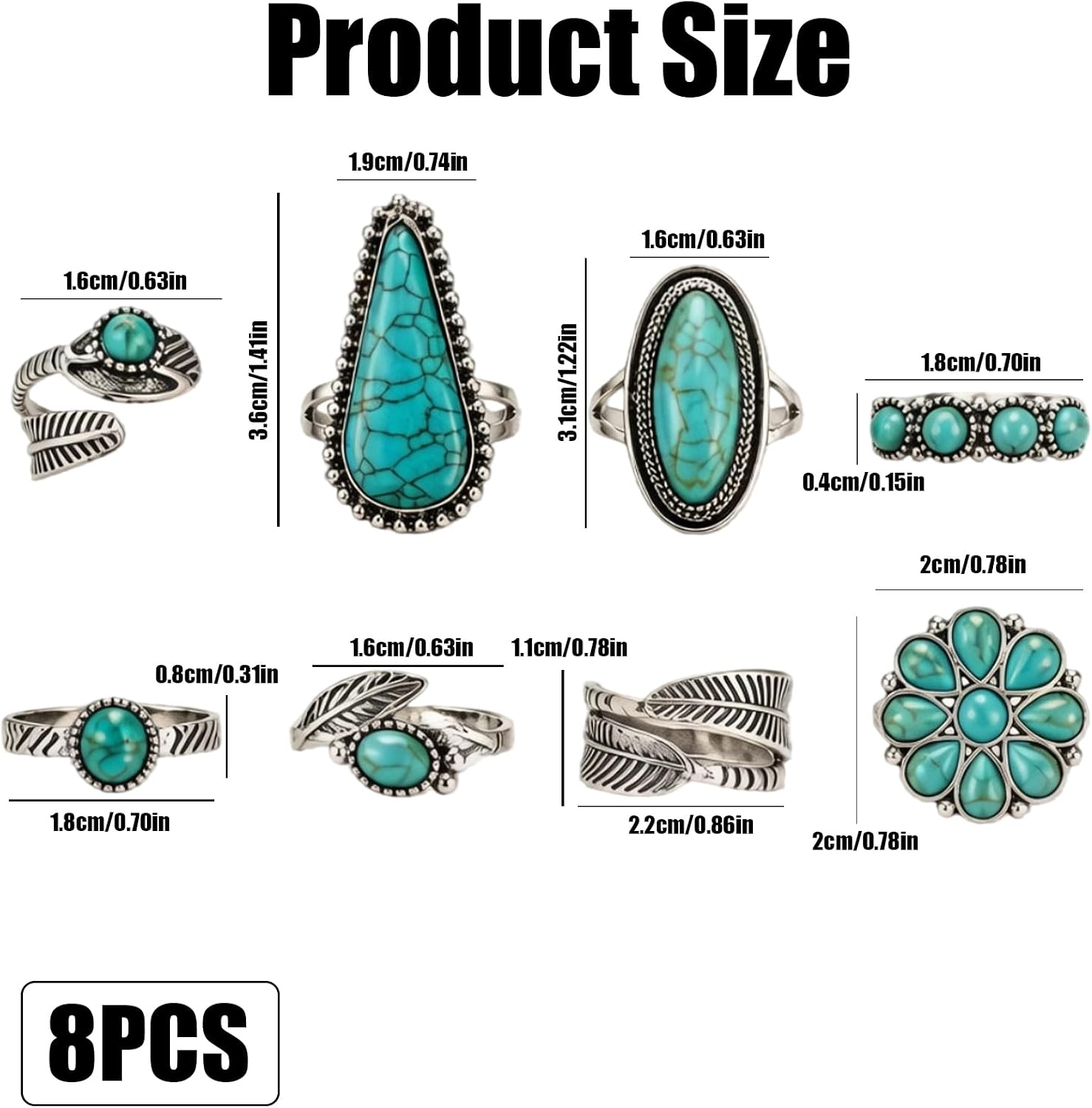 8 Pcs Bohemian Turquoise Ring for Women Western Open Vintage, Retro Ethnic Style Stackable Silver Boho Gemstone Knuckle Midi Chunky Dainty Statement Ring Set Jewelry Accessories