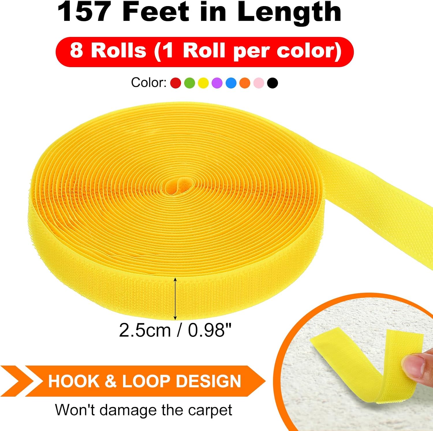 PATIKIL 8 Rolls 210Ft Carpet Marker Strips, Nylon Floor Tape for Areas and Flow Line Up for Classroom, Office, Red/Orange/Yellow/Green/Blue/Purple/Black/Pink