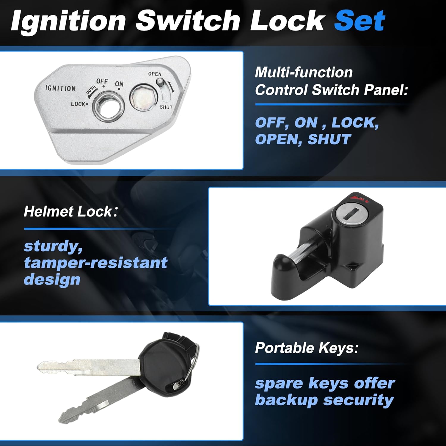 Motorcycle Ignition Key Switch Set for Hawk 250 for TBR7, Motorbike Ignition Switch Lock with Lock Cylinder, 4-pin Starter Switch Lock with Keys, Anti-Theft Lock, Helmet Lock