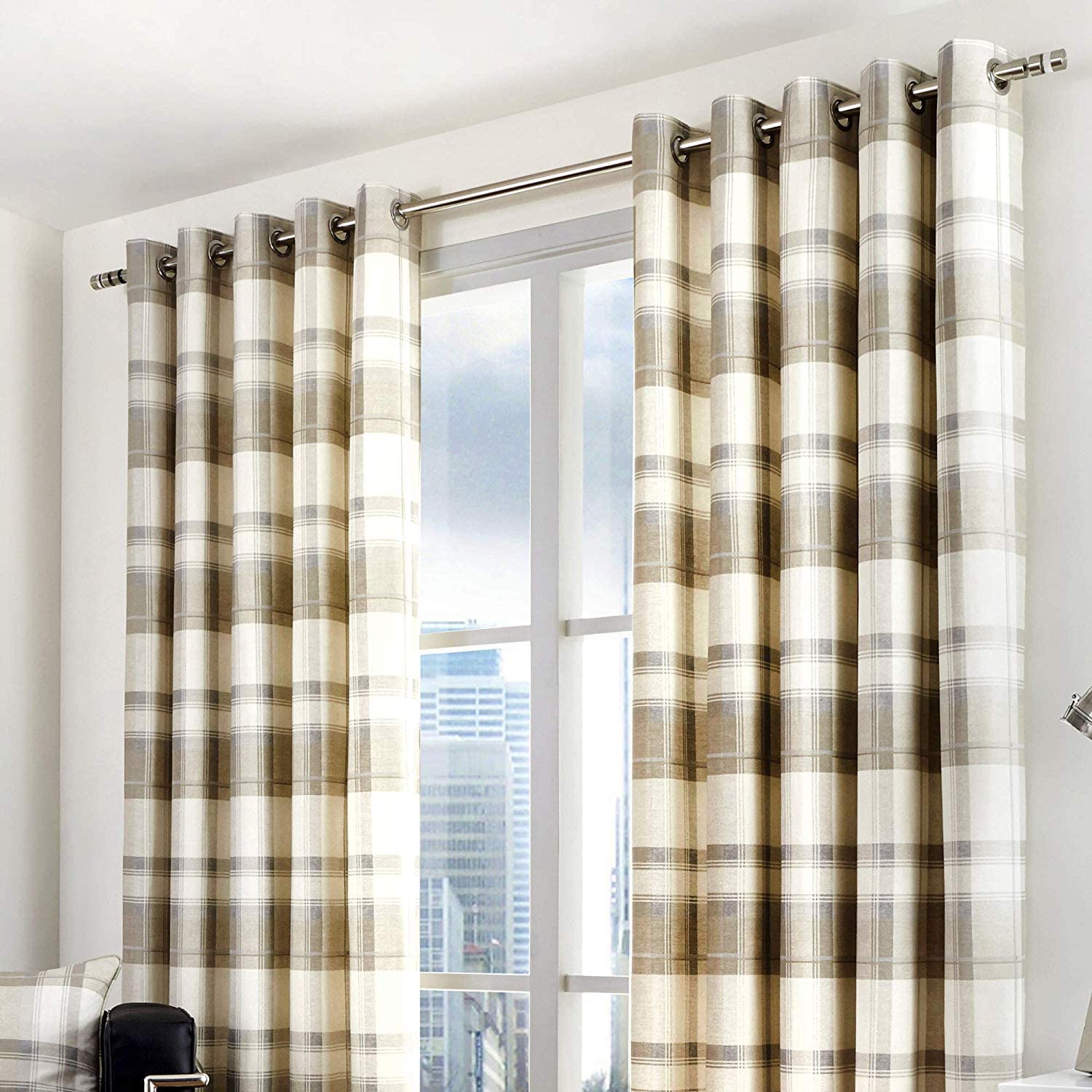 Fusion - Balmoral Check - 100 Percent Cotton Pair of Eyelet Curtains - Natural, Curtains: 66" Width x 72" Drop (168 x 183 cm), Nautral
