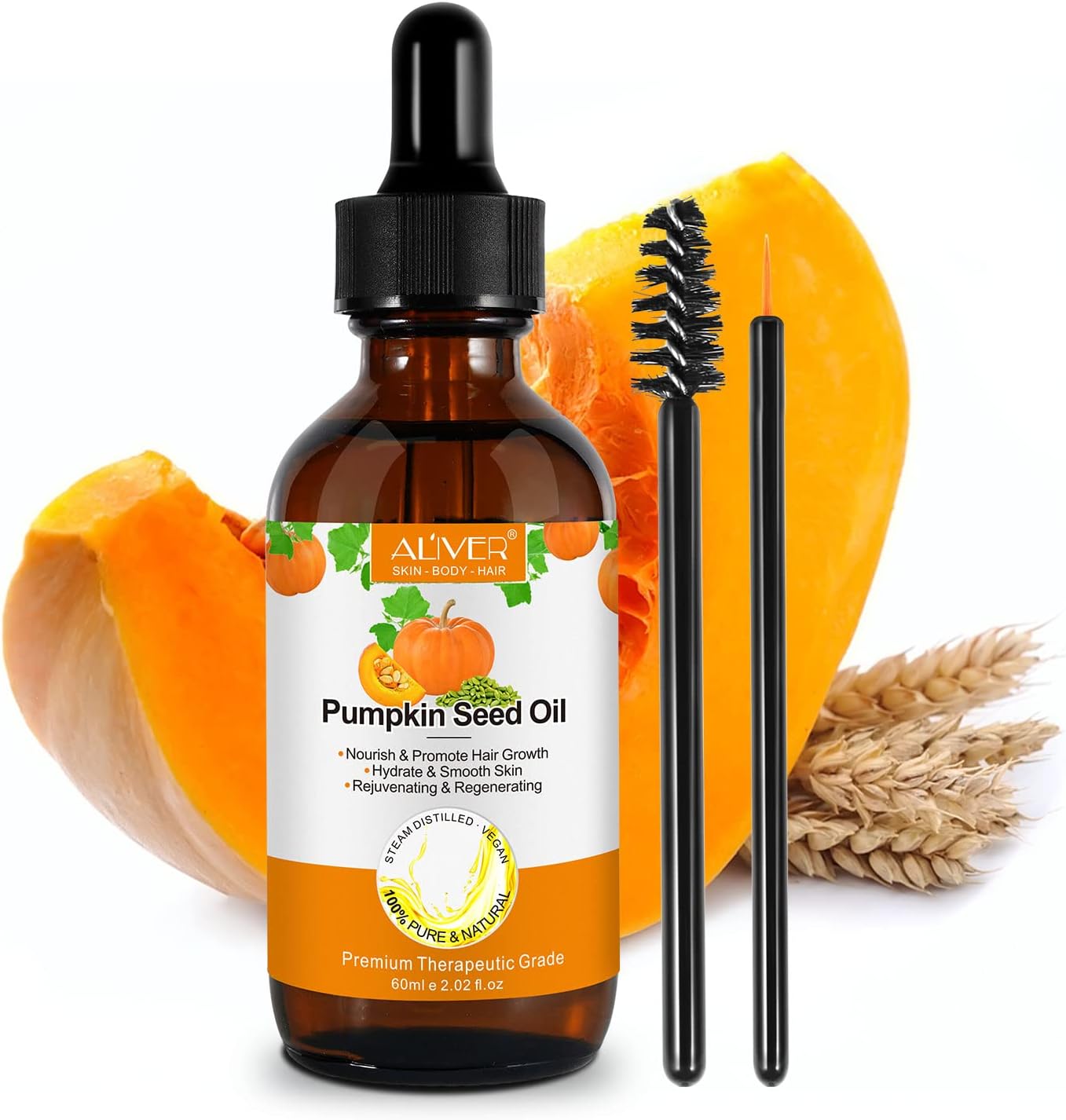 ALIVER Organic Pumpkin Seed Oil for Hair Growth, Pumpkin Seed Oil for Skin, Face, Hair Care, Eyebrow and Eyelash Growth 100% Pure Natural, Improve Hair Loss and Nourishes Scalp for Men and Women, 60ml
