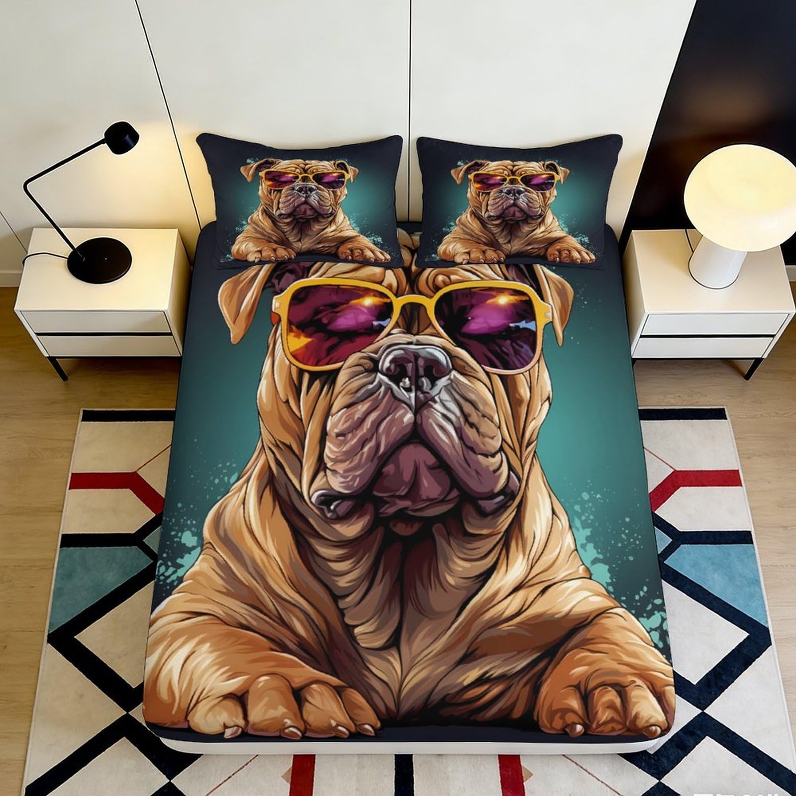 3D Printed Cool Bulldog Sunglasses Fitted Sheet Microfiber Soft Anti-Slip Dog Art Mattress Cover Bedroom Dorm Decor 90x200x25cm