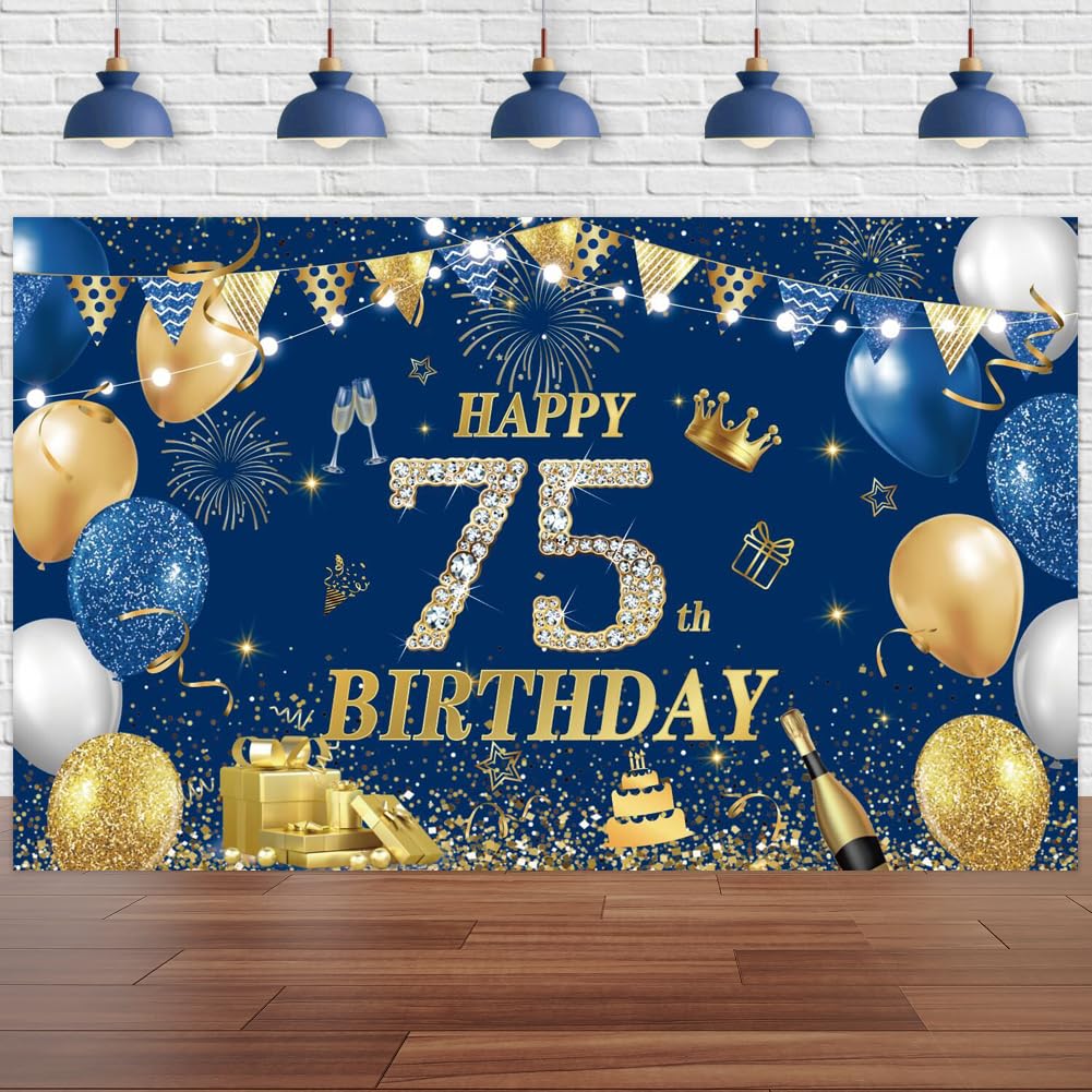 Yontree Happy 75th Birthday Banner 180 * 110cm Blue Gold Happy Birthday Banner Backdrop 75th birthday Decorations for Men Women, 75 Years Old BIRTHDAY Anniversary Party Supplies