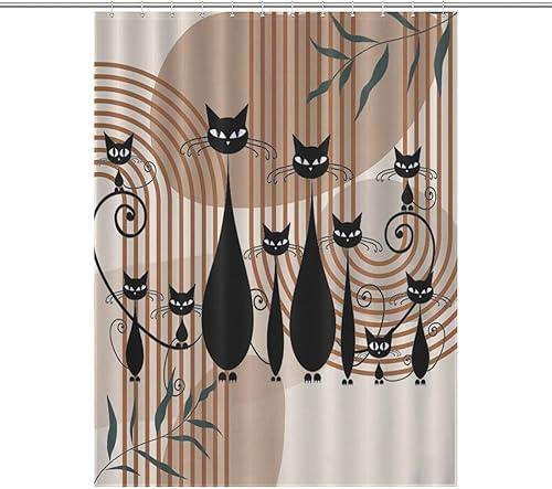 Cortinas de ducha vintage de gato negro de mediados de siglo, geometría abstracta retro, patrón de hojas de arco iris, cortinas de ducha