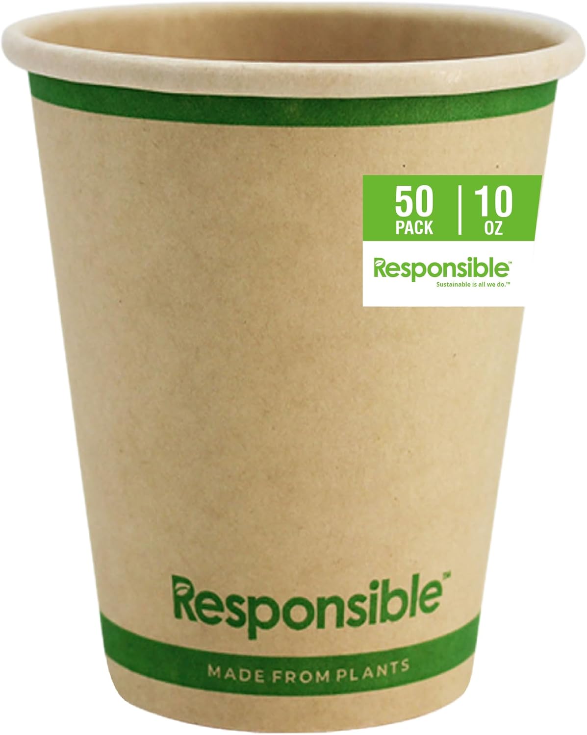 Responsible Products Certified Compostable 10 oz Paper Cups, Cold & Hot Coffee Cups, Disposable Paper Cups, Extra Strength Disposable Cups, Made without PFAS (50 count)