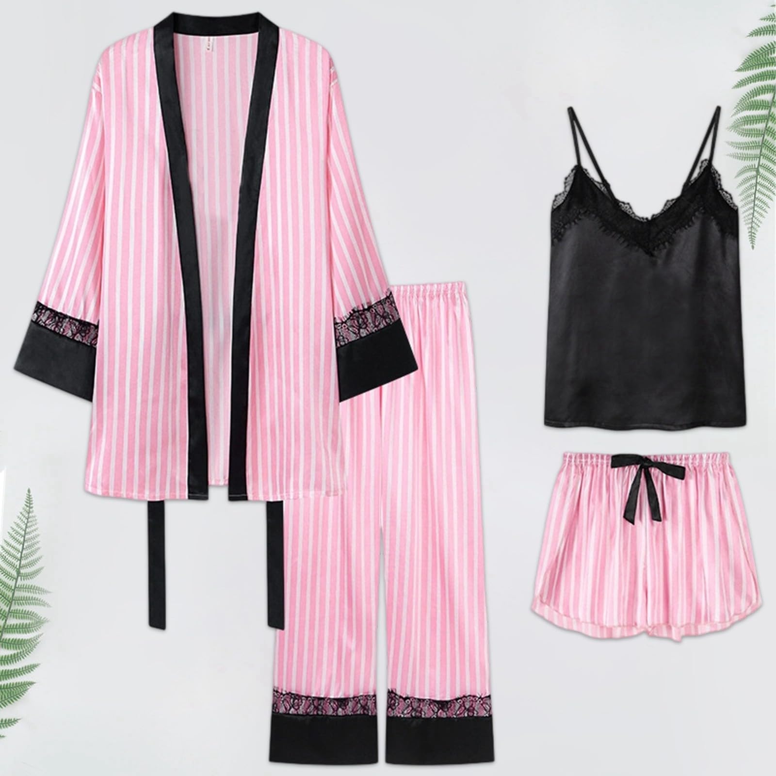Genérico Pijama Mujer 4 Piezas Conjunto Ropa Casa Mujer Rayas Estilo Ins Camiseta Pantalón Bata Ropa Dormir Suave para Hogar