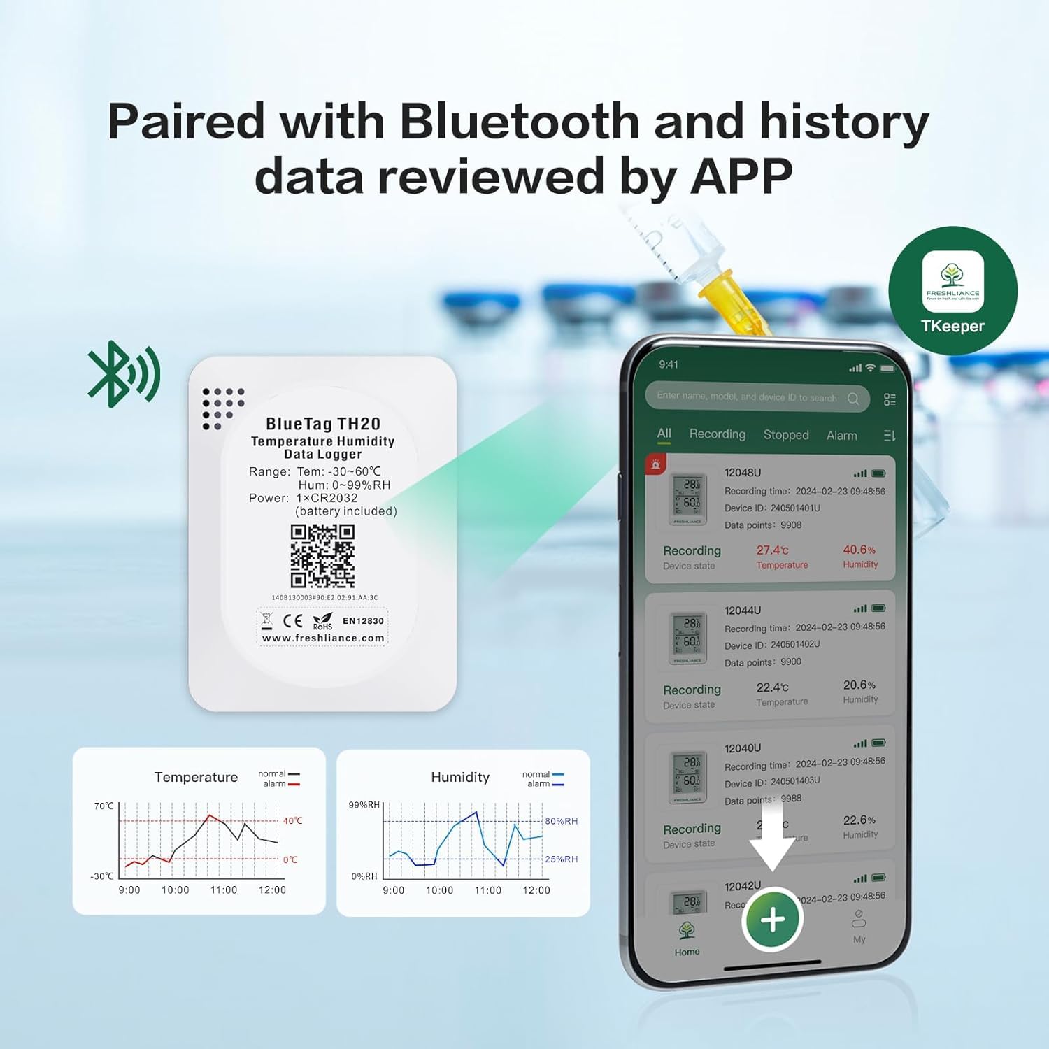 Freshliance - Registrador de datos de temperatura y humedad con Bluetooth, termómetro higrómetro para refrigerador, congelador, higrómetro, sensor digital de temperatura y humedad con análisis de