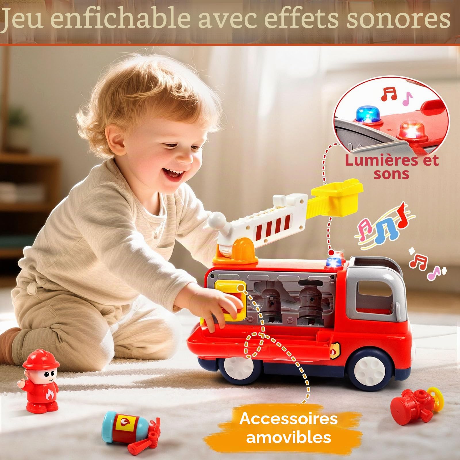 Marstone Camion de Pompier Jouet Enfant 1 2 3 4 Ans Voiture de Pompiers avec Lumières et Sons, Jouet Montessori avec Accessoires et Figurine, Jouet Éducatif Cadeau Garçon Fille, Cadeaux pour Garçons
