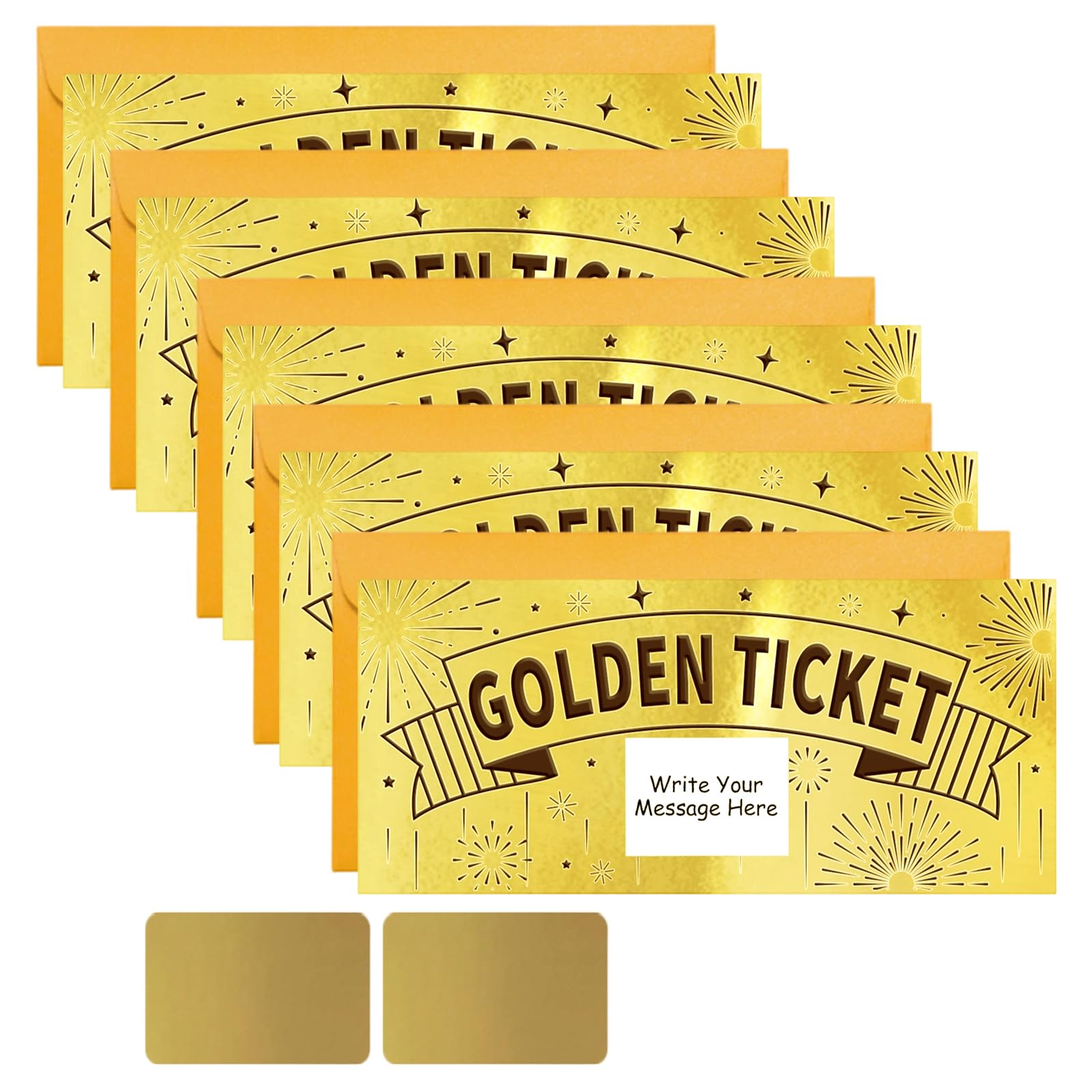 PLIGREAT 5 Pack Fireworks Design Golden Ticket Scratch Off Cards with Envelopes DIY Your Own Surprise Reveal Cards Scratch Off Tickets with Stickers for Birthday Voucher Raffle Gift Party Supplies