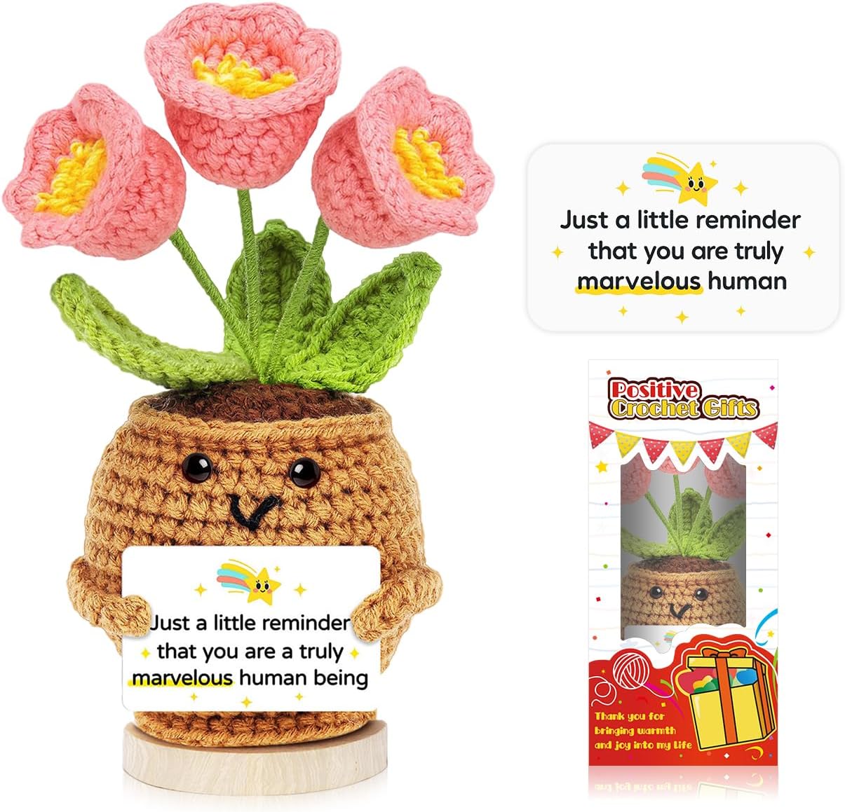 Positive Crochet Flower Inspirational Gifts for Women: Mini Positive Handmade Lily of the valley - Easter Mother's Day Birthday Appreciation Retirement Gifts for Coworker Boss Friend Mom Teacher