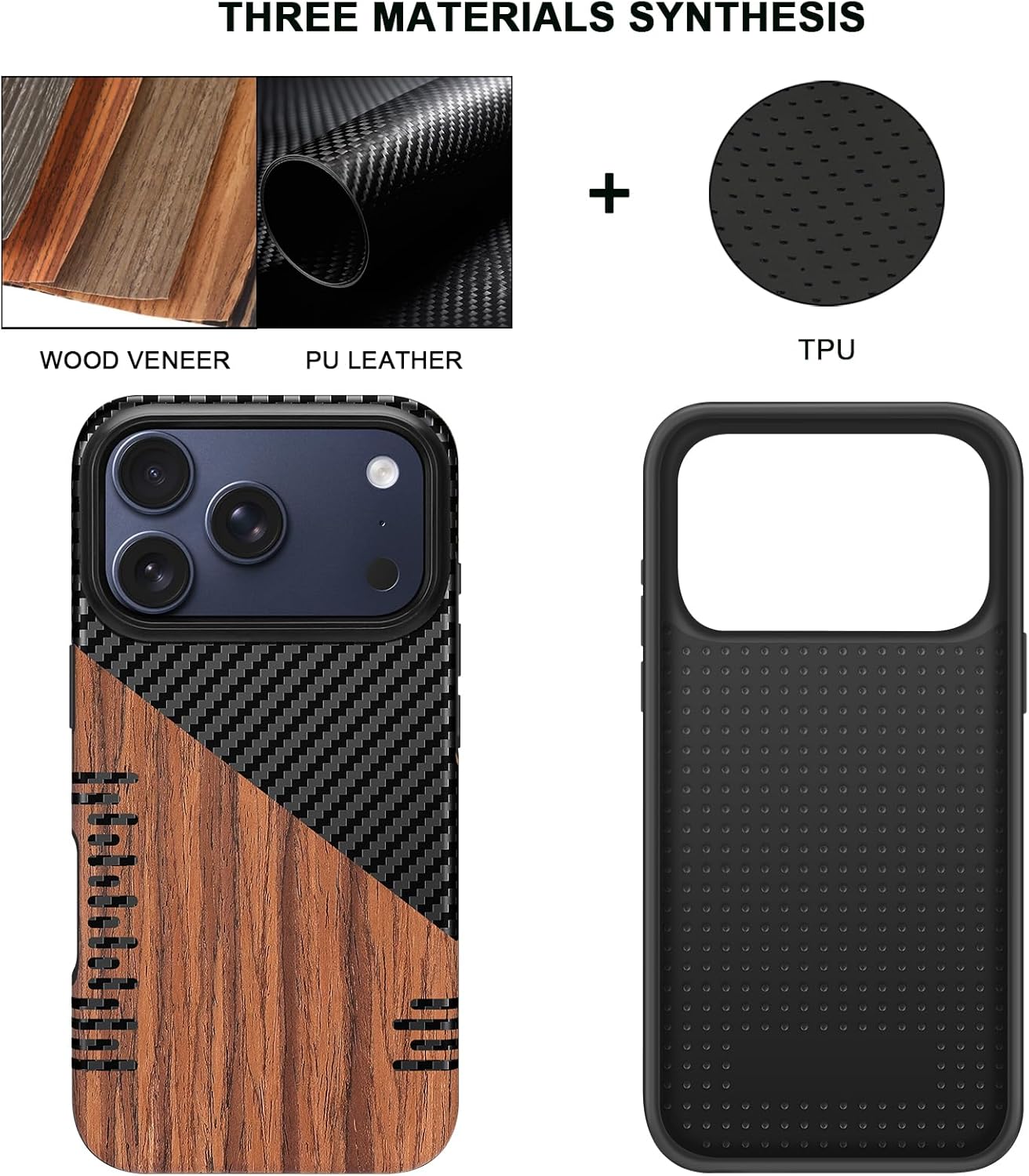 TENDLIN Compatible with iPhone 17 Pro Case Wood Grain with Carbon Fiber Texture Design Leather Hybrid Slim Case (Twill) - Image 2