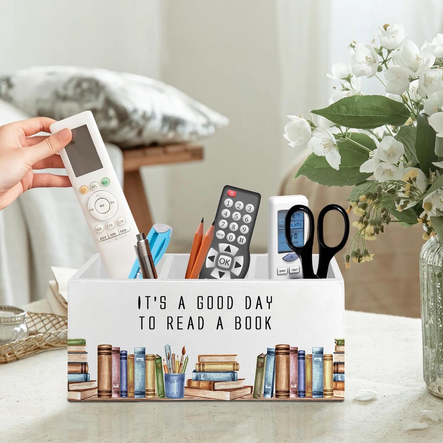 Book Lover Gifts Pen Pencil Holder Organizer for Desk Accessories, Reading Nook Corner Decor, It's a Good Day to Read a Book Wooden Box Signs Decorations for Home Classroom Desk Tabletop image 2