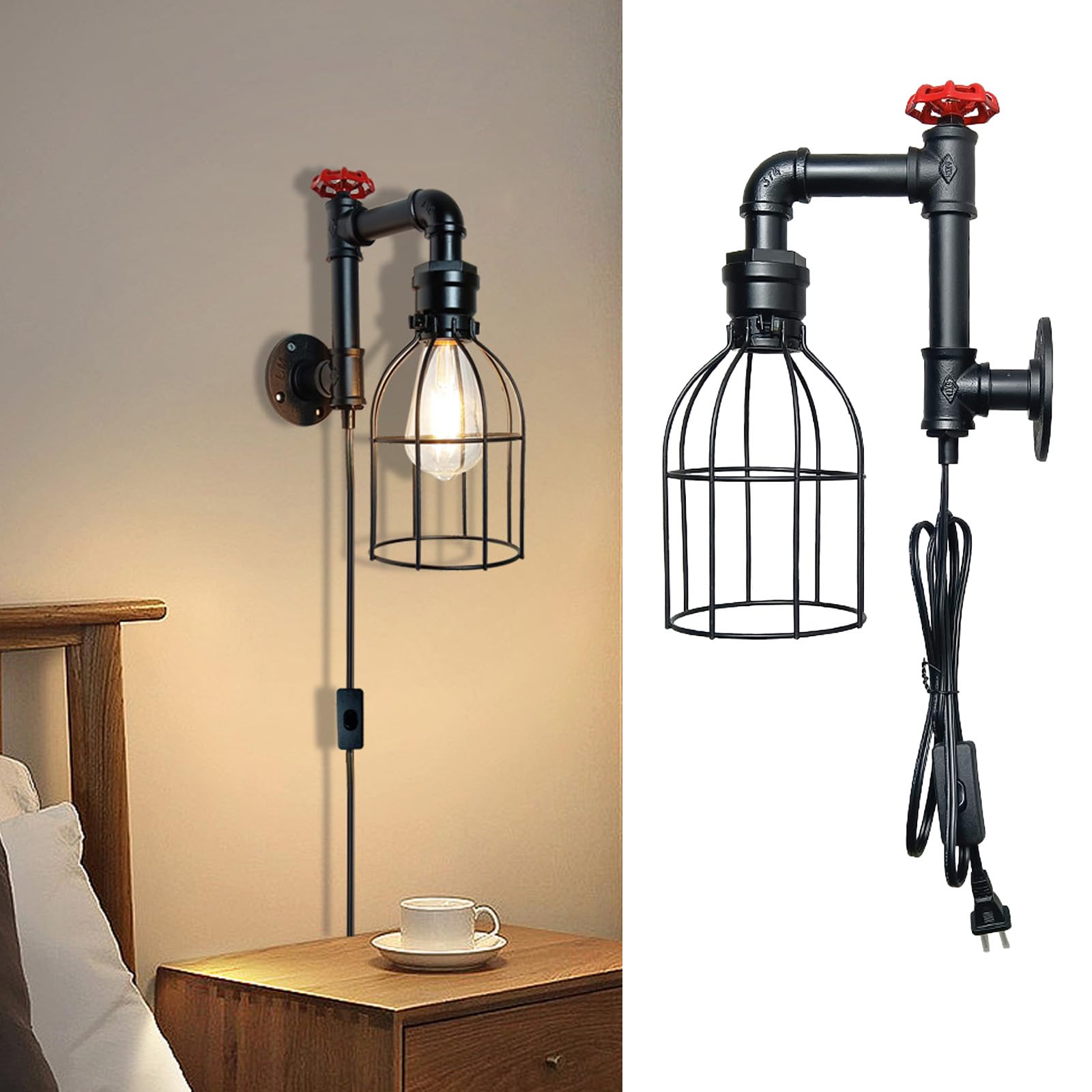Aplique de pared vintage industrial interior E27 lámpara con enchufe negra 8