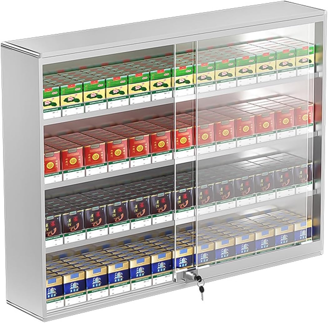 Lockable Aluminium Cigarette Display Holder Rack, Wall-Mounted Retail Shelf with Auto Pusher, Secure Storage Cabinet for Cigarettes (38.5x17.3x45cm, 80.5x17.3x60cm)